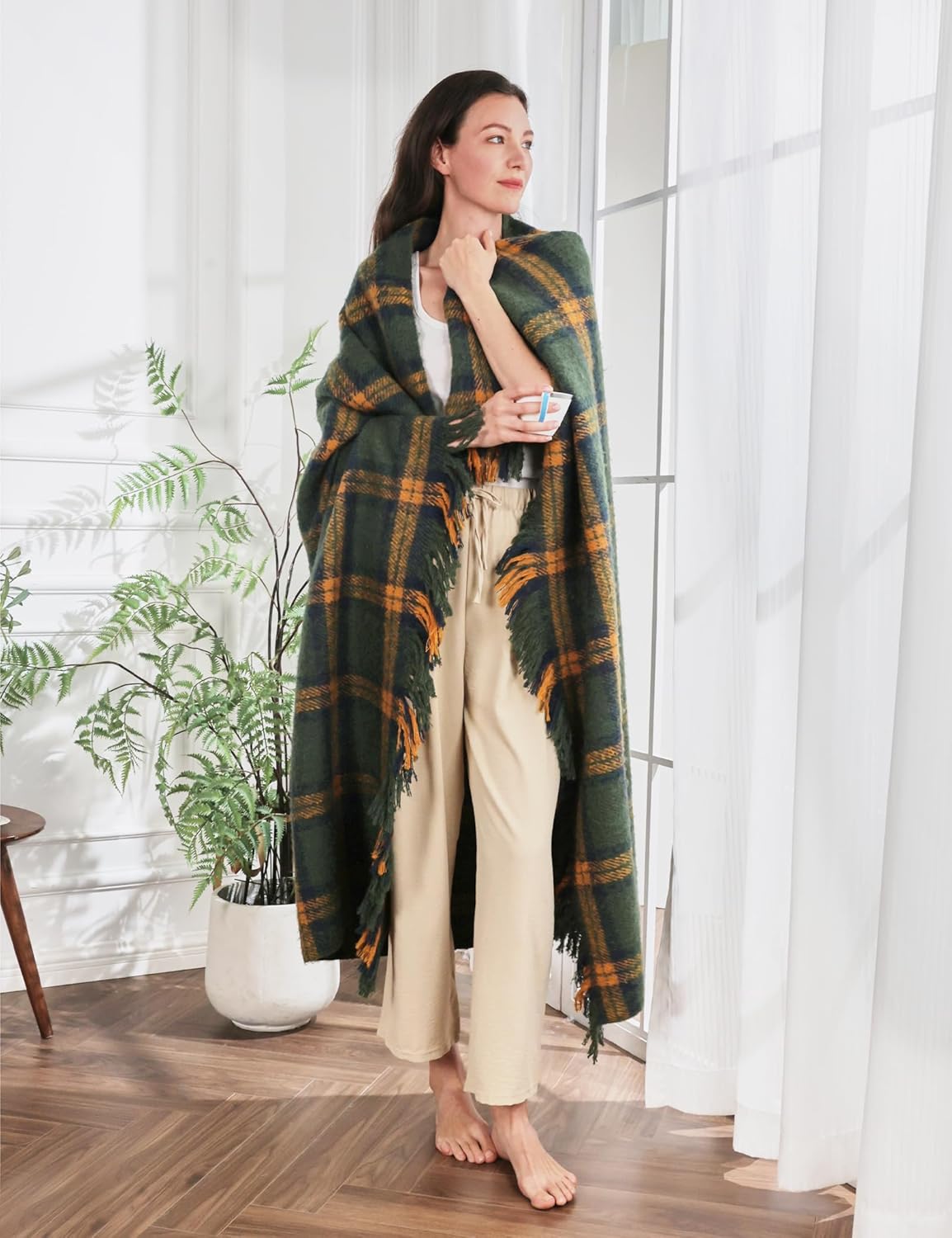 ZonLi Green Plaid Throw Blanket for Couch, Checkered Throw Blanket for Home Decor, Soft Lightweight Cozy All Season Decorative Vintage Blankets with Tassel for Bed and Sofa, 50'' x 60''