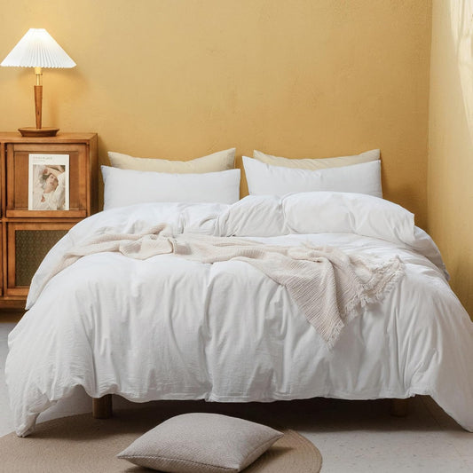 FOSSA White Duvet Cover Set, 100% Washed Cotton Linen Feel Super Soft Breathable Cozy 3 Pieces Bedding Sets Solid Off White Twin