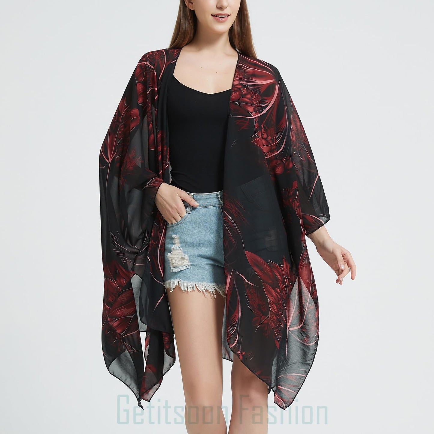 Women's Bohemian Floral Chiffon Beach Cover up Swimsuit Kimono Summer Swimwear Cardigans