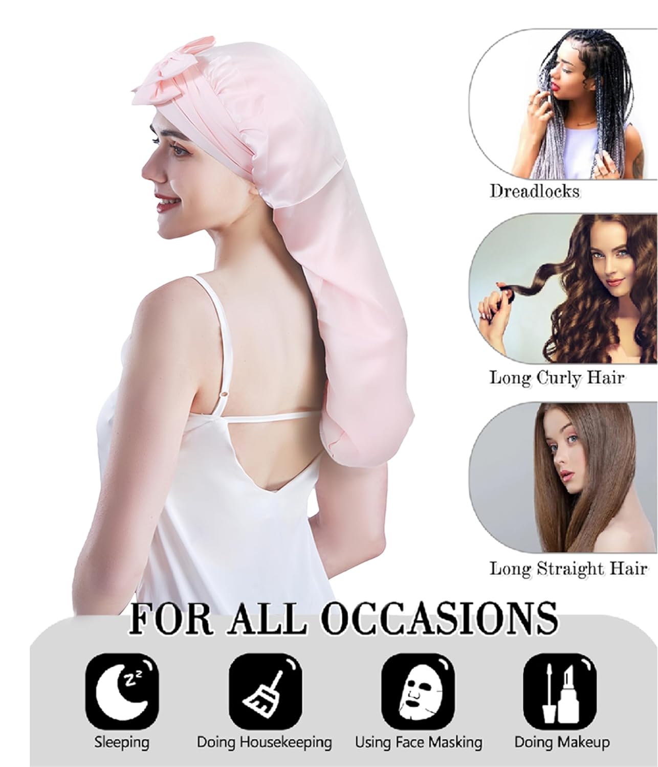 Cocheng Mulberry Silk Bonnet for Sleeping Long Silk Cap for Curly Hair Braids Bonnet for Women Sleep Cap with Tie Band