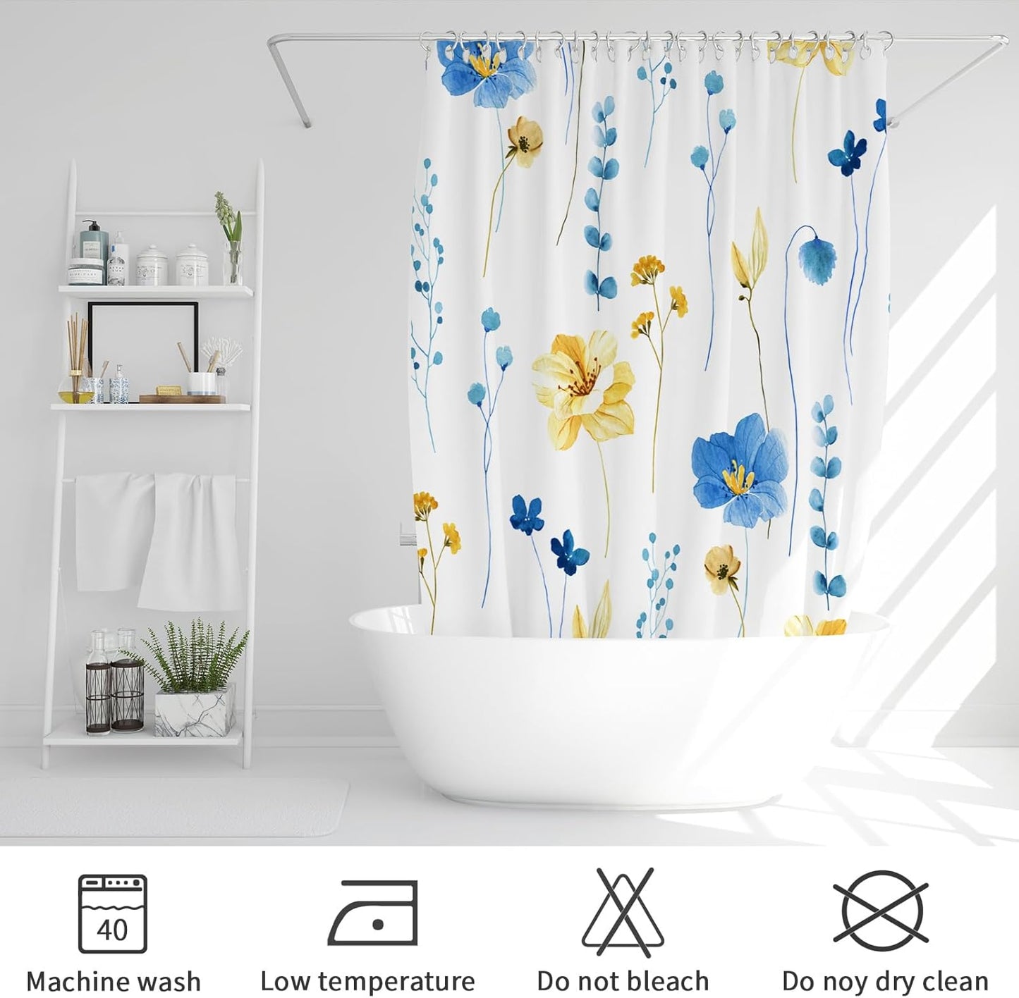 Gibelle Watercolor Floral Shower Curtain, Blue Yellow Flower Shower Curtain for Bathroom, Modern Minimalist Waterproof Fabric Shower Curtain Set with Hooks 72x72 Inch