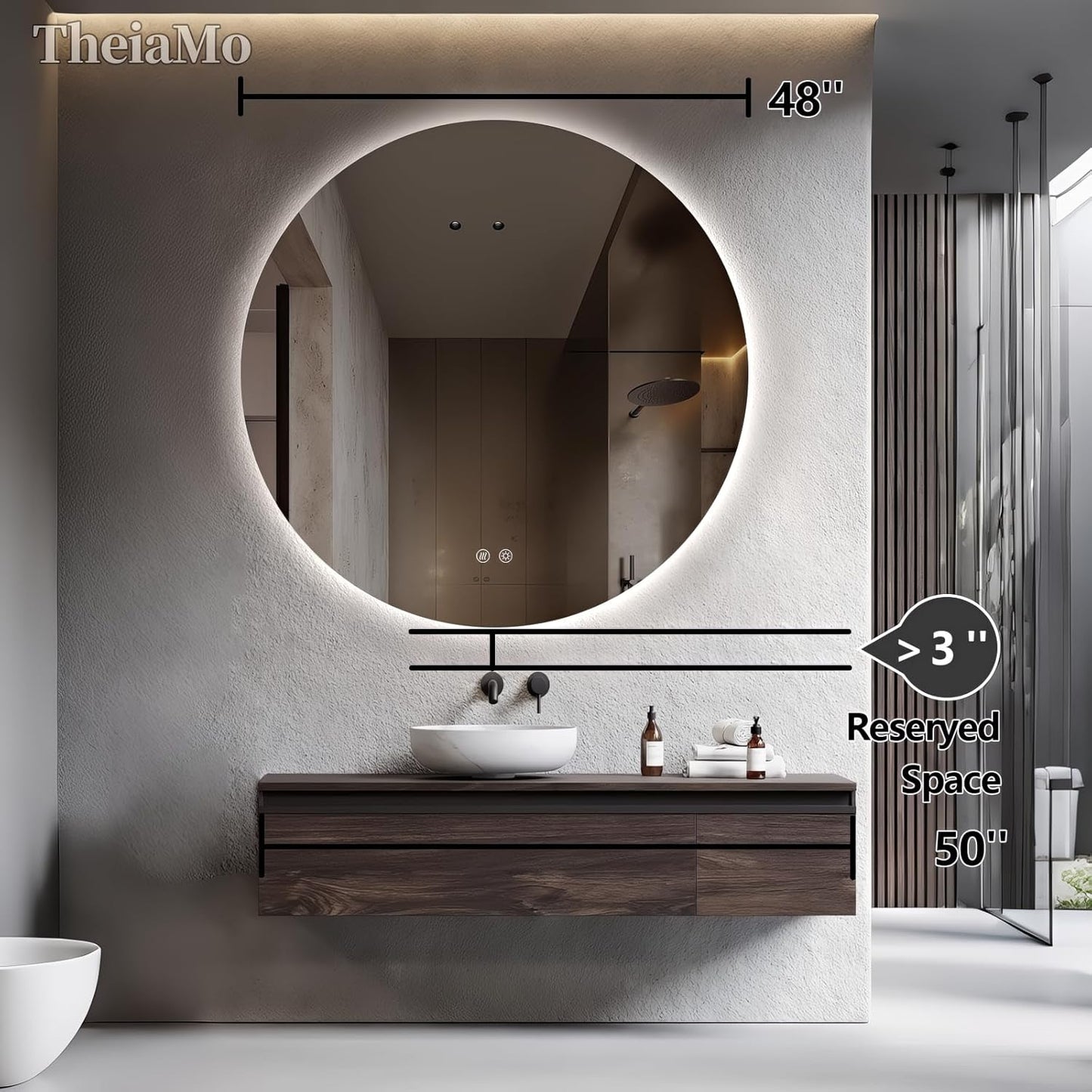 Round LED Mirror for Bathroom, 48" Circle Frameless Backlit Mirror with Lights, Wall Mounted Vanity Mirror, 3 Colors, Dimmable, Anti-Fog, IP65 Waterproof, Memory Function, UL Listed