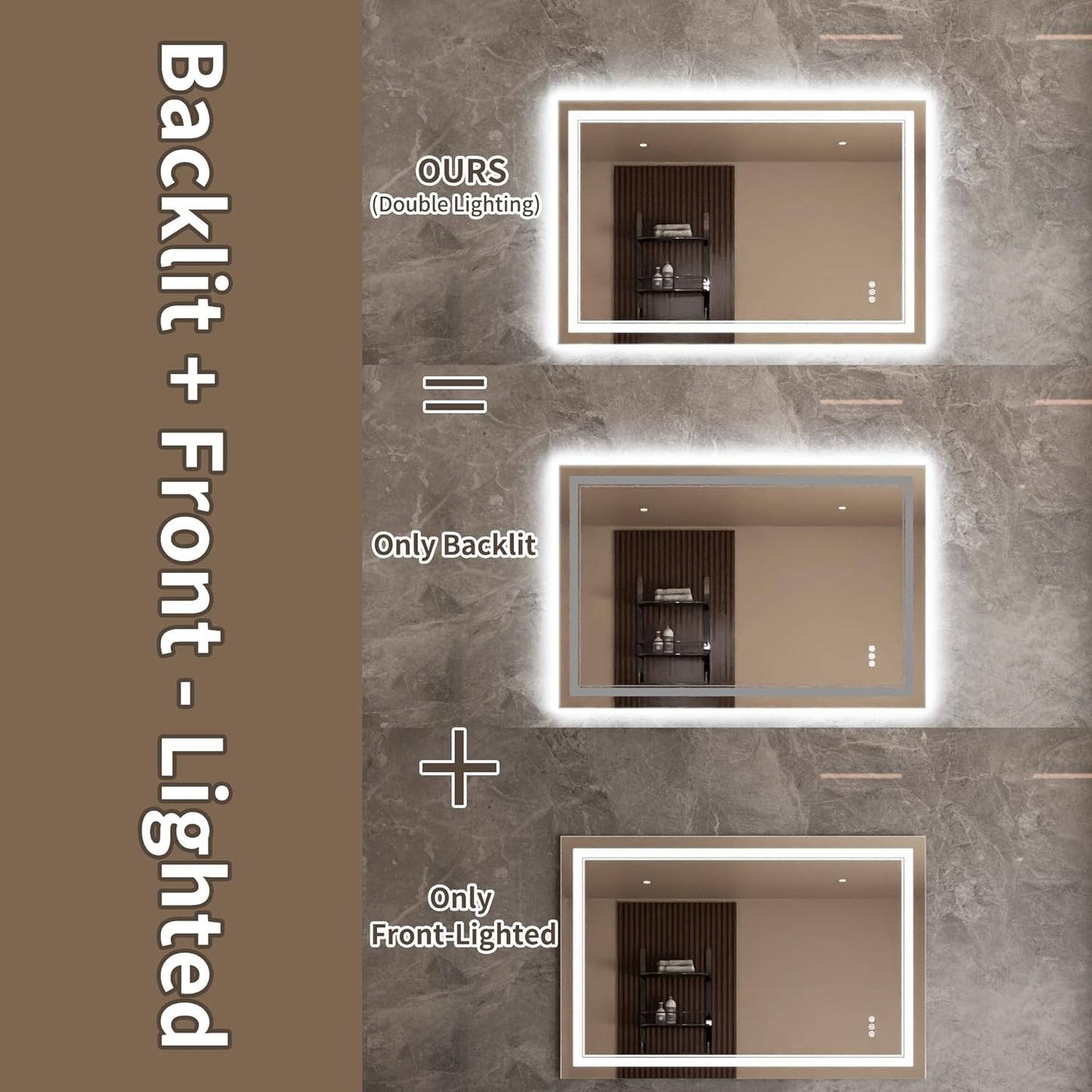 Bathroom Mirror with Lights 32"X48" with Front Light and Backlit, Tempered Glass, Wall Mount Horizontal/Vertical, Stepless Dimmable, 3 Colors, Anti Fog, Bathroom Memory LED Mirror