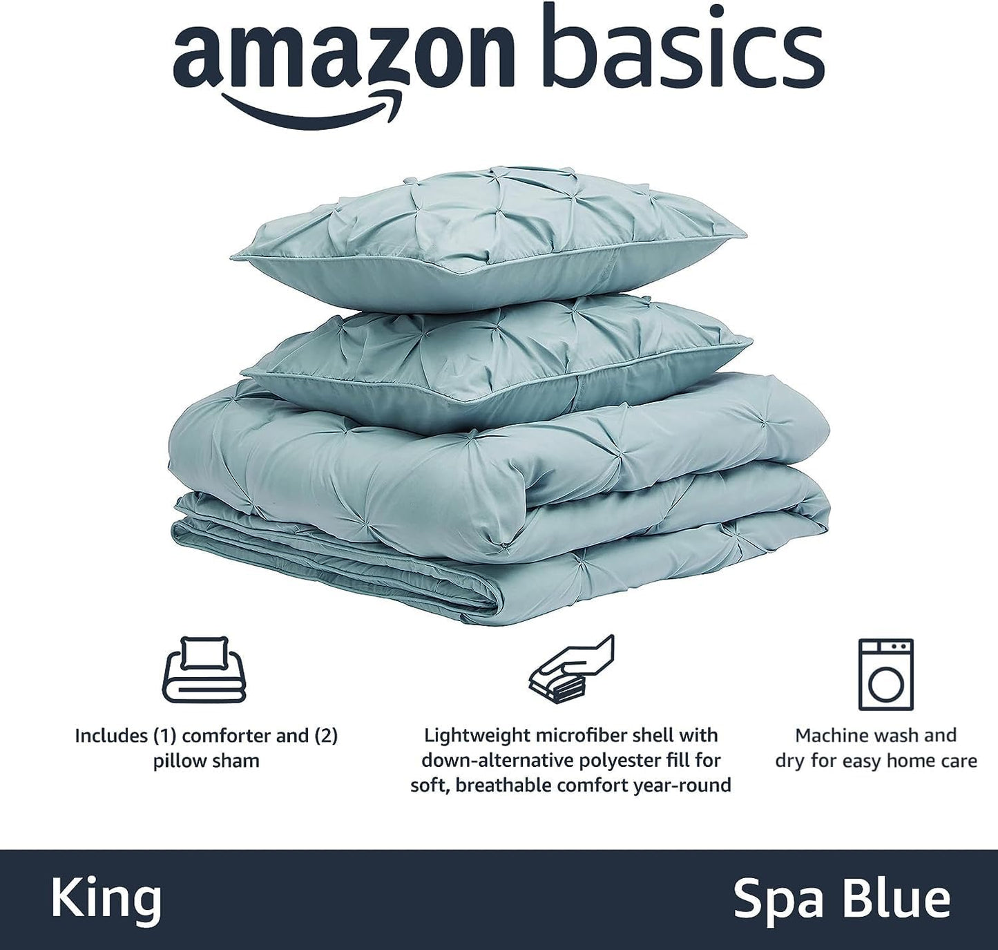 Amazon Basics Lightweight, Soft King Size Comforter Sets, All-Season Down-Alternative 3-Piece Bedding Set, Pinch Pleat Design, Spa Blue