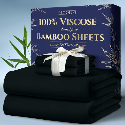 DECOLURE 100% Viscose Derived from Bamboo Sheets King Size 4pcs - Ultra Soft & Luxuriously Cooling, 17" Deep Pocket, Double Stitching, Perfect for Hot Sleepers - King Bed Sheets (Black)