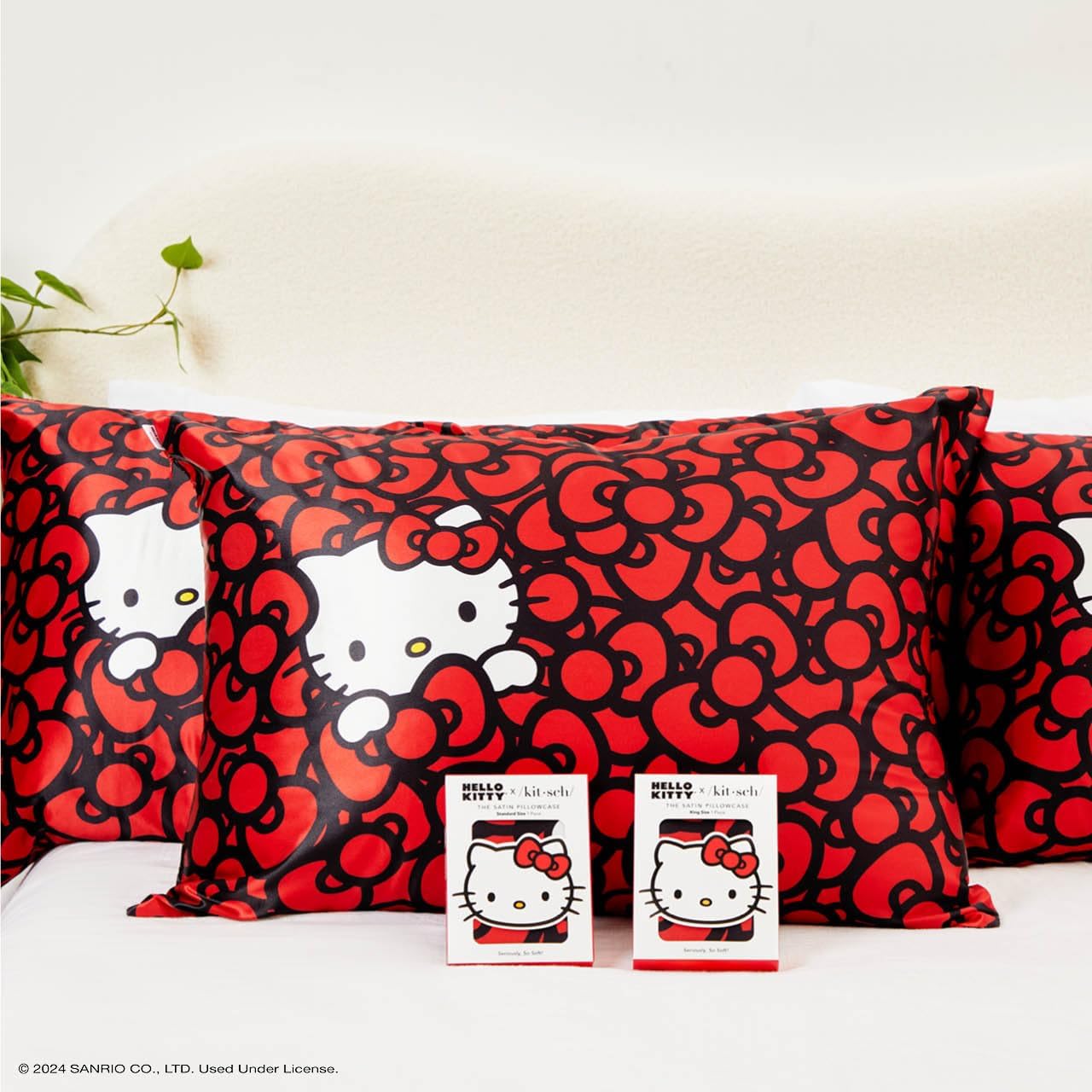 Kitsch x Hello Kitty Sea of Bows - Satin Pillowcase with Zipper for Hair and Skin, Softer Than Silk, Smooth Cooling Pillow Covers, Machine Washable - Queen/Standard Size (19x26)