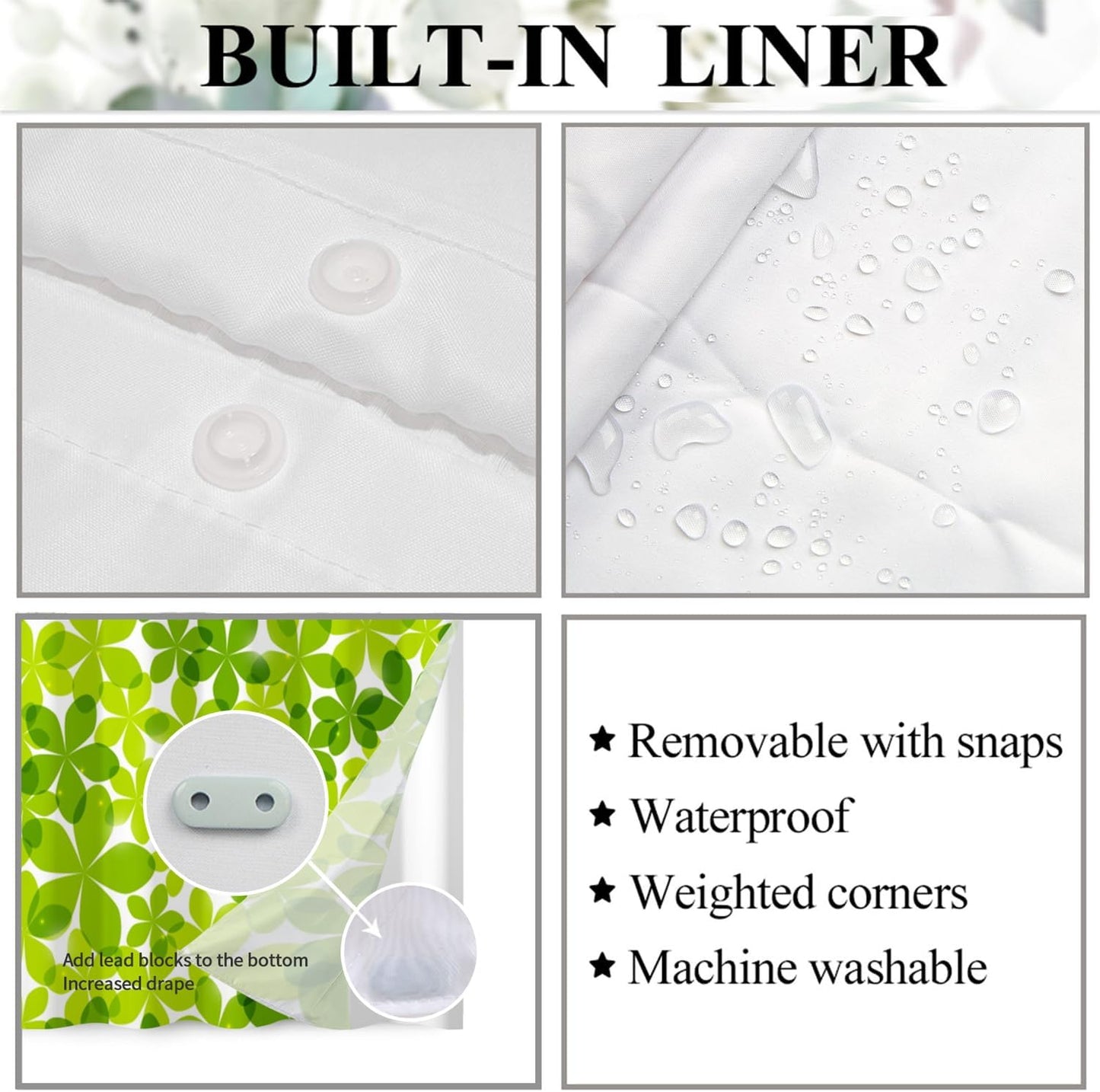 Green Flower Shower Curtain No Hooks with Snap-in Fabric Liner Set,Spring Leaves Shower Curtain for Bathroom,Hotel Decor Waterproof Shower Curtains,with See Through Top Window,71W x 74H
