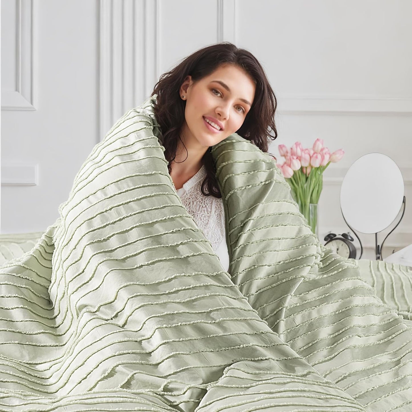 NEXHOME PRO Duvet Cover King Size, Blue 3 Pieces Boho Tufted Duvet Cover Set, Soft and Lightweight Microfiber Comforter Cover Set for All Season (Sage Green,104 x 90)-No Comforter