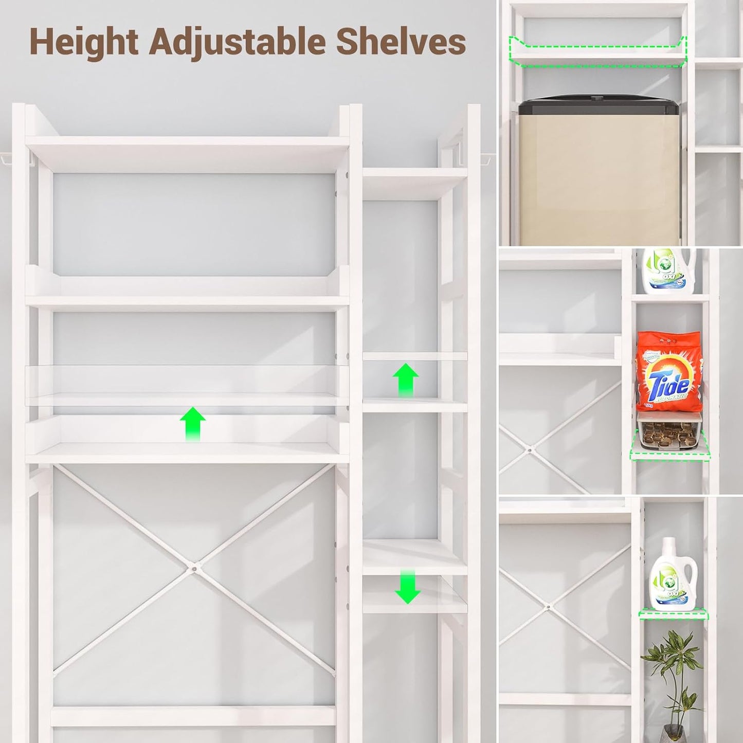 Over The Toilet Storage with 2 Drawers - 7 Tier Bathroom Organizer with Adjustable Shelf, Freestanding Space Saver Storage Rack Above Toilet Stand with 4 Hooks for Restroom, Laundry, White