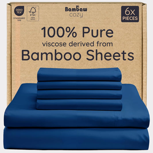 Bambaw King Sheet Set 6pcs – 100% Viscose Derived from Bamboo Sheets, Buttery Soft Bed Sheets, Cooling Sheets for Hot Sleepers, King Bed Sheets with Corner Straps, Fits Up to 16'' (Navy Blue)