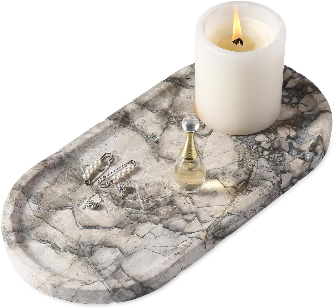 Koville Turkish Natural Travertine Tray, 12"x6" Vanity Decorative Tray for Countertop Organizer, Catchall Tray for Perfume, Candles, Jewelry Dish