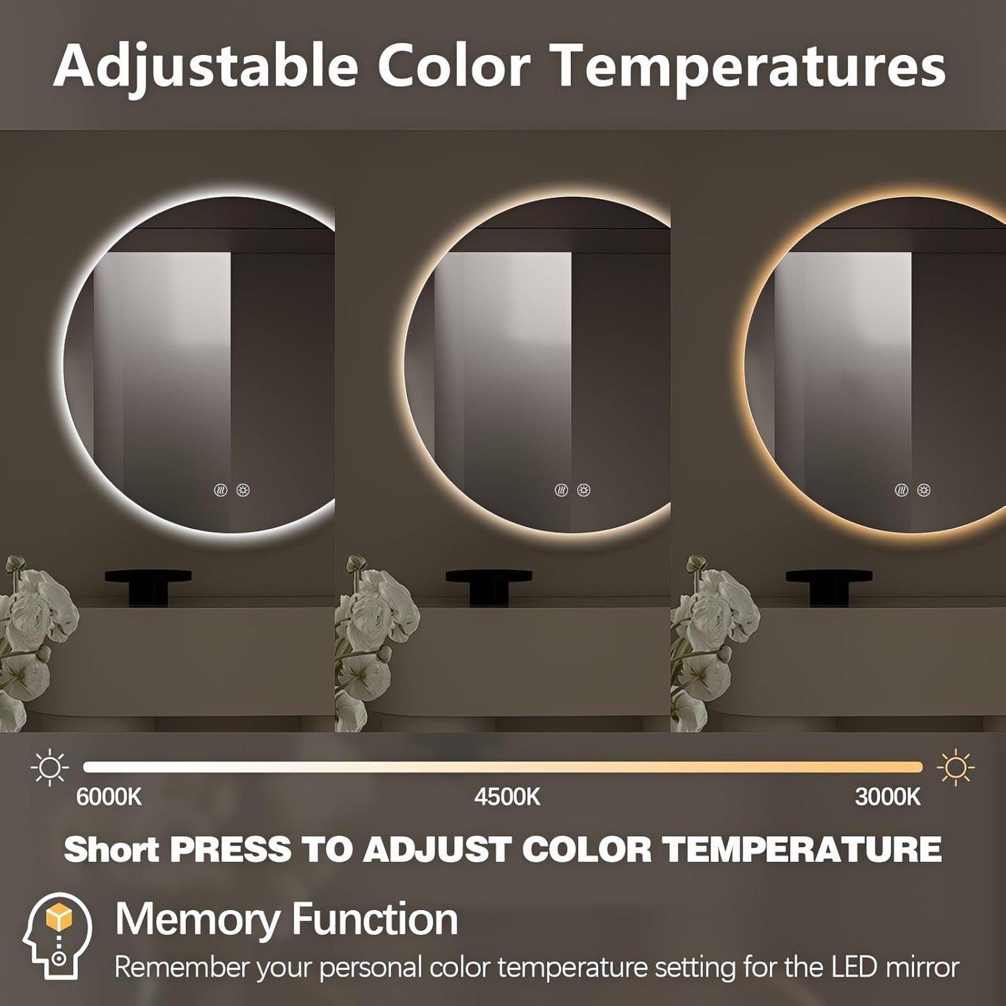 Niccy Round Led Mirror for Bathroom, 32" Circle Frameless Backlit Mirror wiht Light, Anti-Fog, 3 Colors, Waterproof, Memory Function