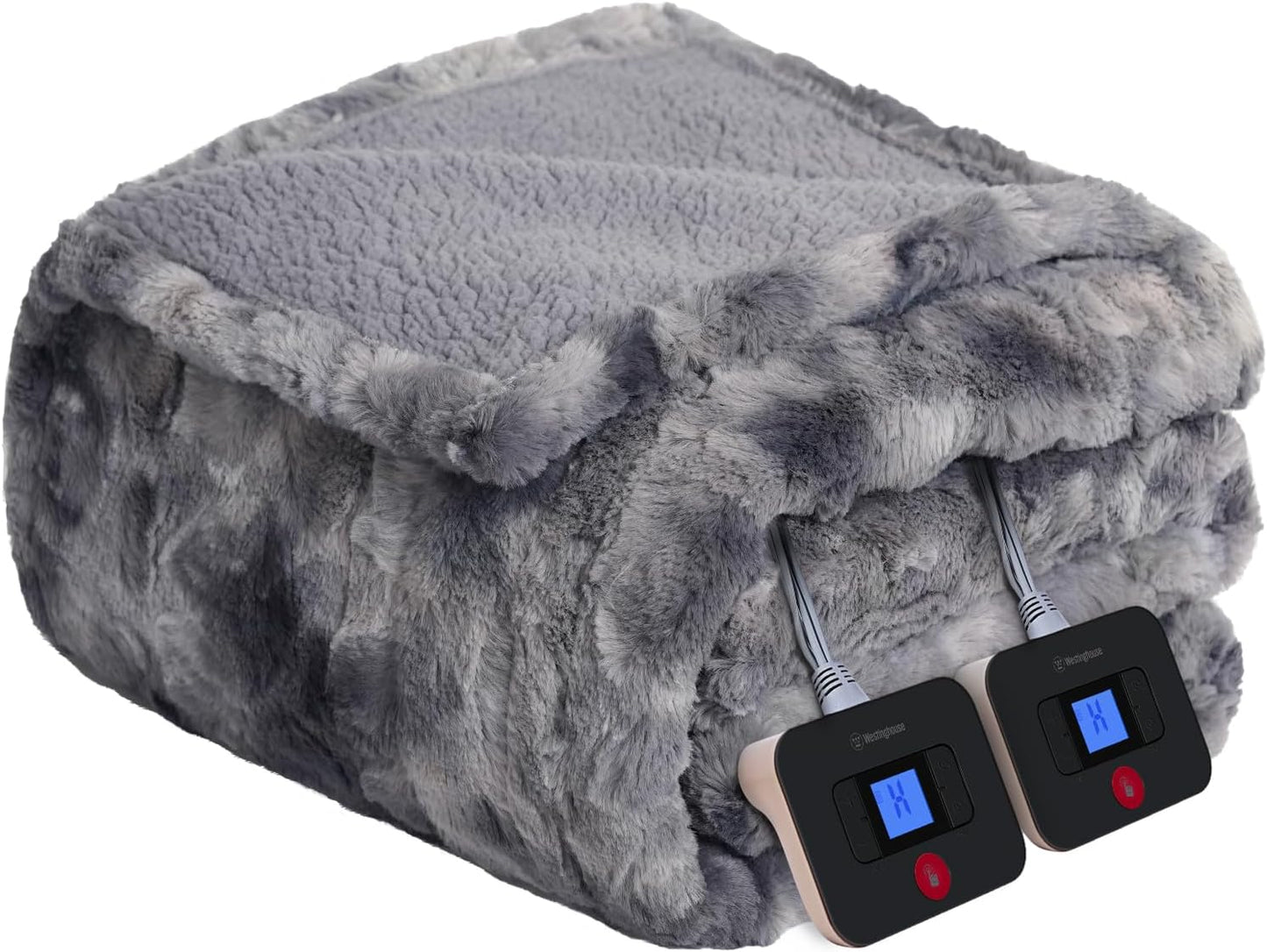 Westinghouse Electric Blanket Queen, Faux Fur Heated Blanket with 10 Heating Levels & 1-12 Hours Auto Off, Soft Cozy Sherpa Heated Blanket Washable Blanket (84" x 90" Queen Size, Grey)
