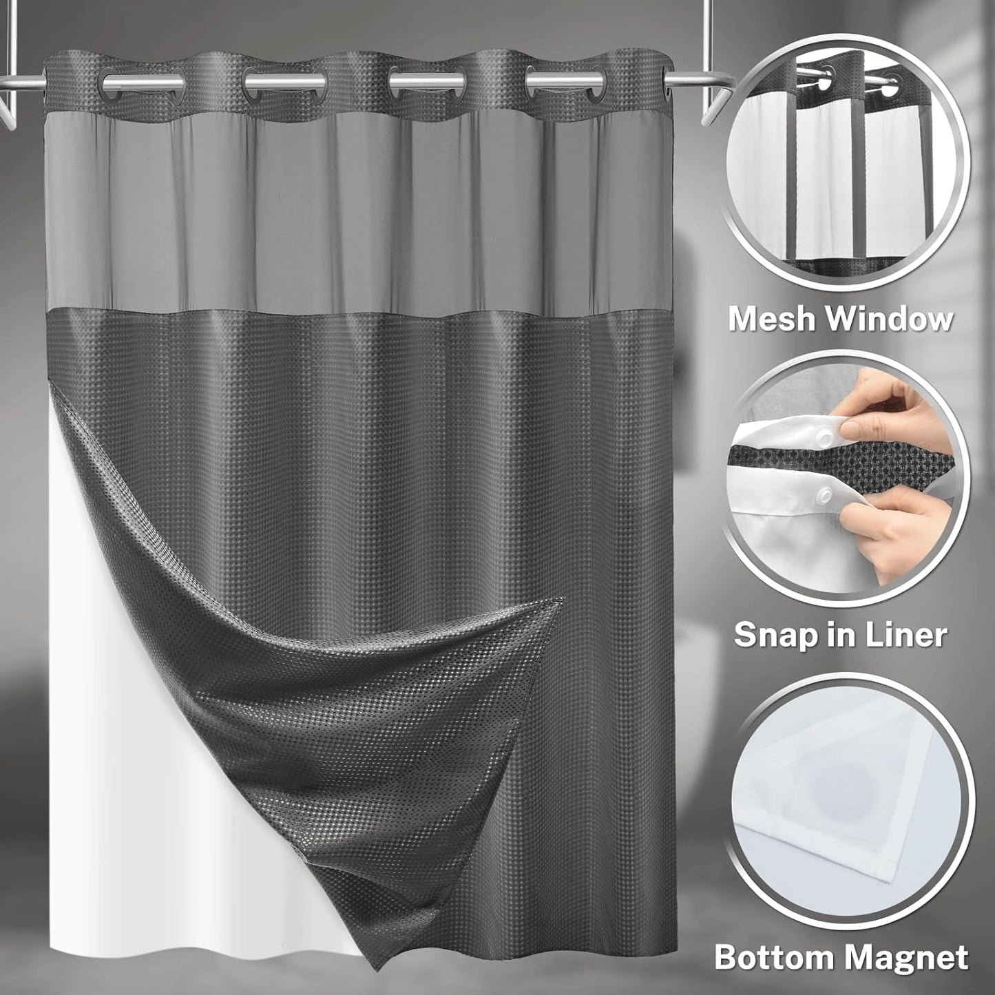 No Hook Shower Curtain with Snap in Liner Set Waffle Shower Curtain for Bathroom Hotel Style Fabric Waterproof Inner Liner，71" W x 86" H, Dark Grey