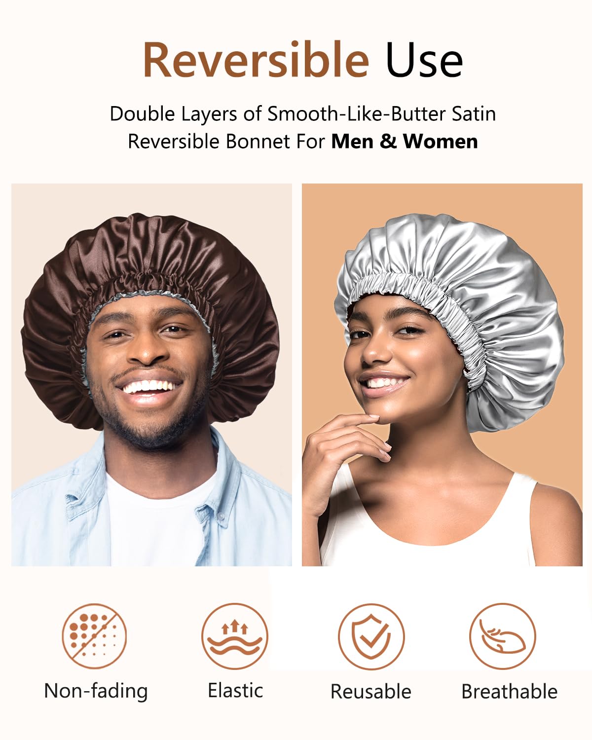 mikimini Satin Bonnet Pack of 2 for Men and Women, Reversible Double Layer Sleeping Silk Bonnet for Curly Hair Braids with Adjustable Widened Elastic Band Super Large Soft(XL, Chocolate/Silver)