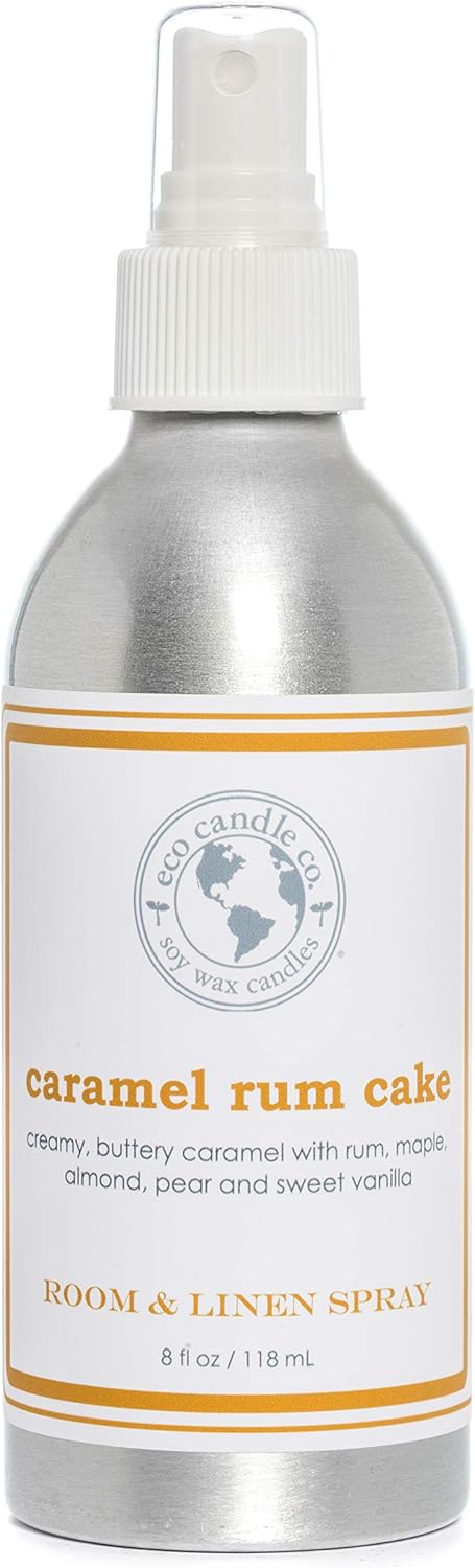 ECO CANDLE CO. Room & Linen Spray, Caramel Rum Cake, 8 oz. - Scents Of Caramel, Rum, Maple, Almond, Pear, & Vanilla - Recycled Aluminum Bottle, No Propellents, Pump Top, All Natural Ingredients
