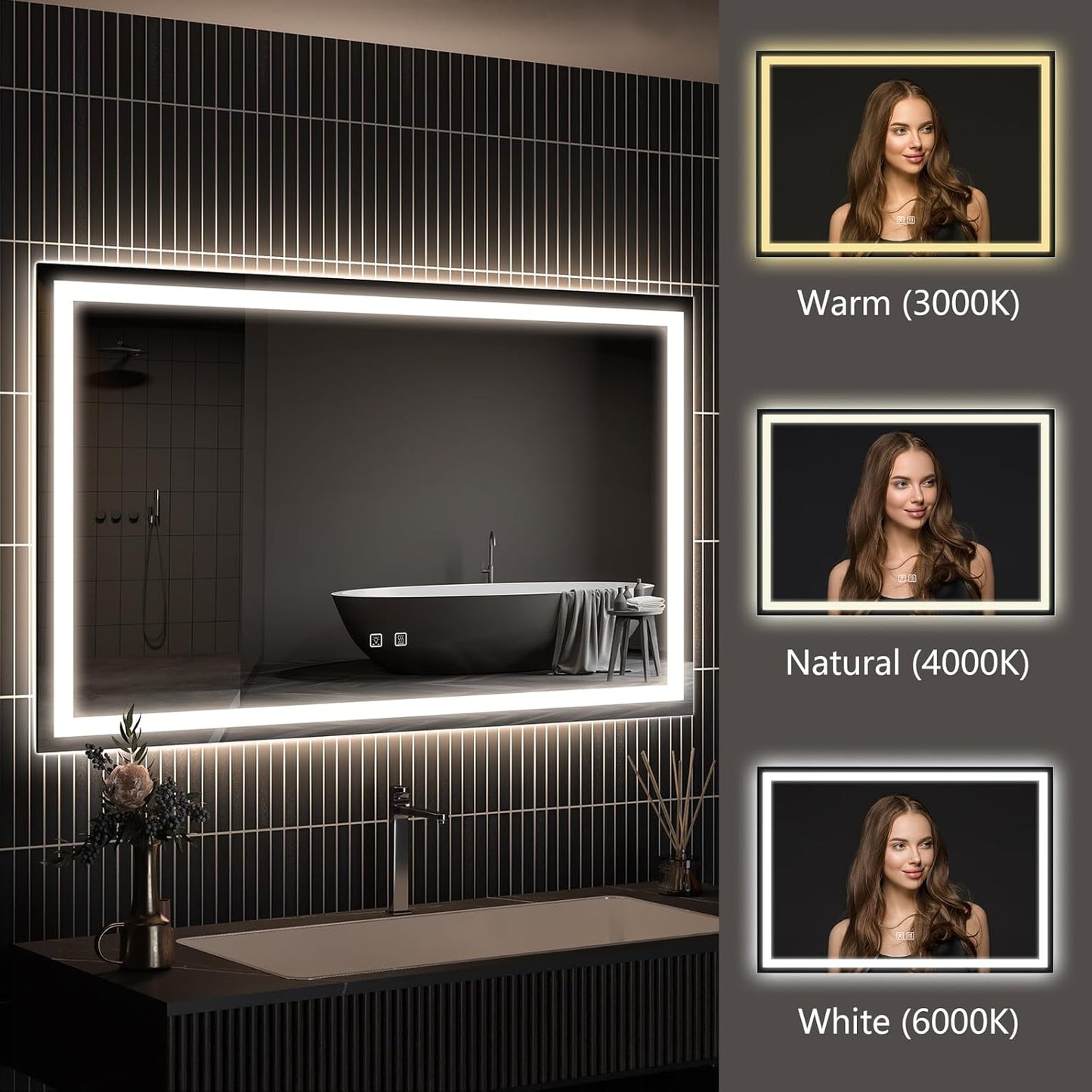 APRILSOUL 48x30 Inch LED Bathroom Mirror with Front and Backlit, Makeup Mirror with 3 Color Lights, Memory Function, Anti-Fog and Dimmable Light (Horizontal)