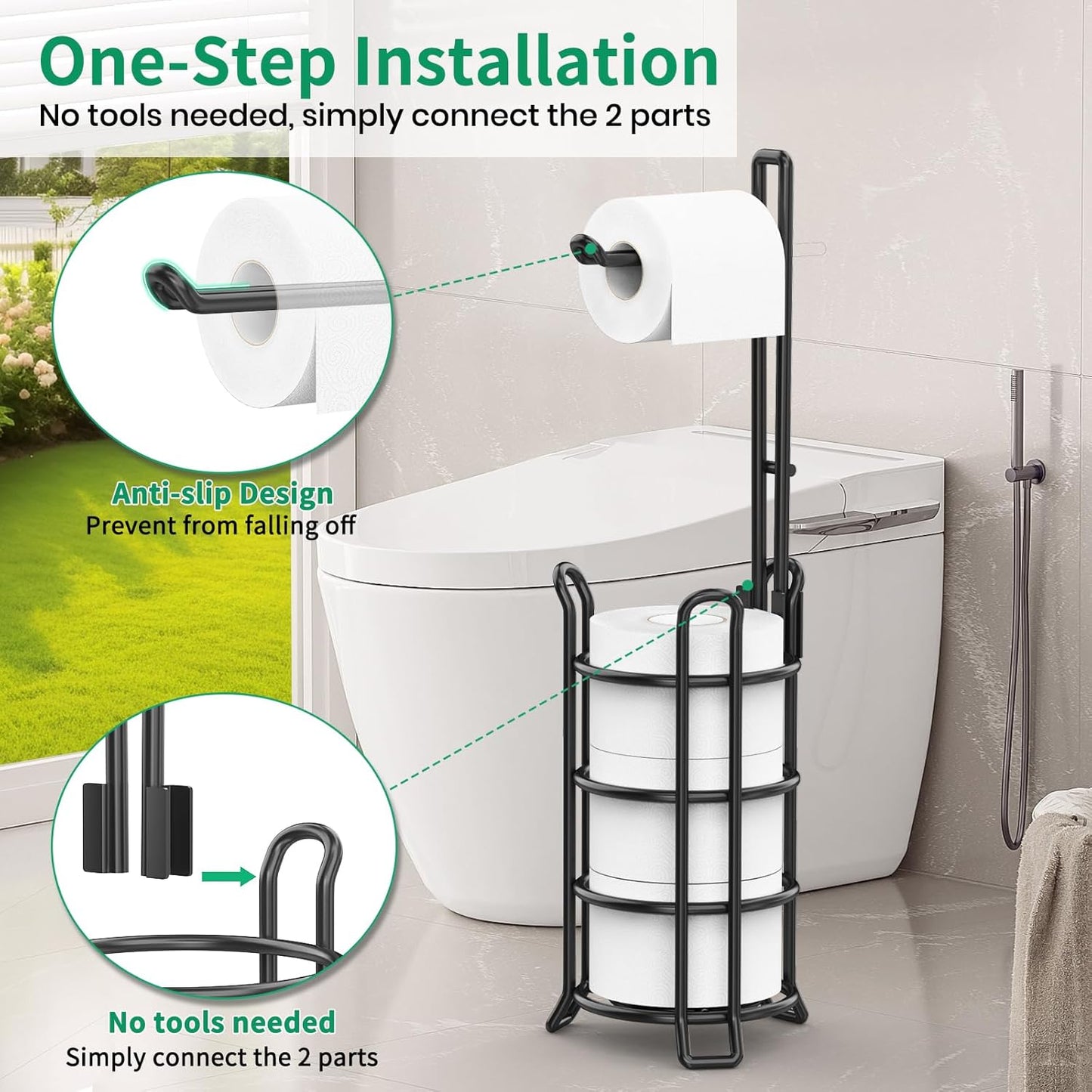 TomCare Toilet Paper Holder Toilet Paper Stand and Dispenser for 3 Spare Rolls Metal Wire Free-Standing Toilet Tissue Paper Roll Storage Shelf Bathroom Accessories Storage Organizer Black
