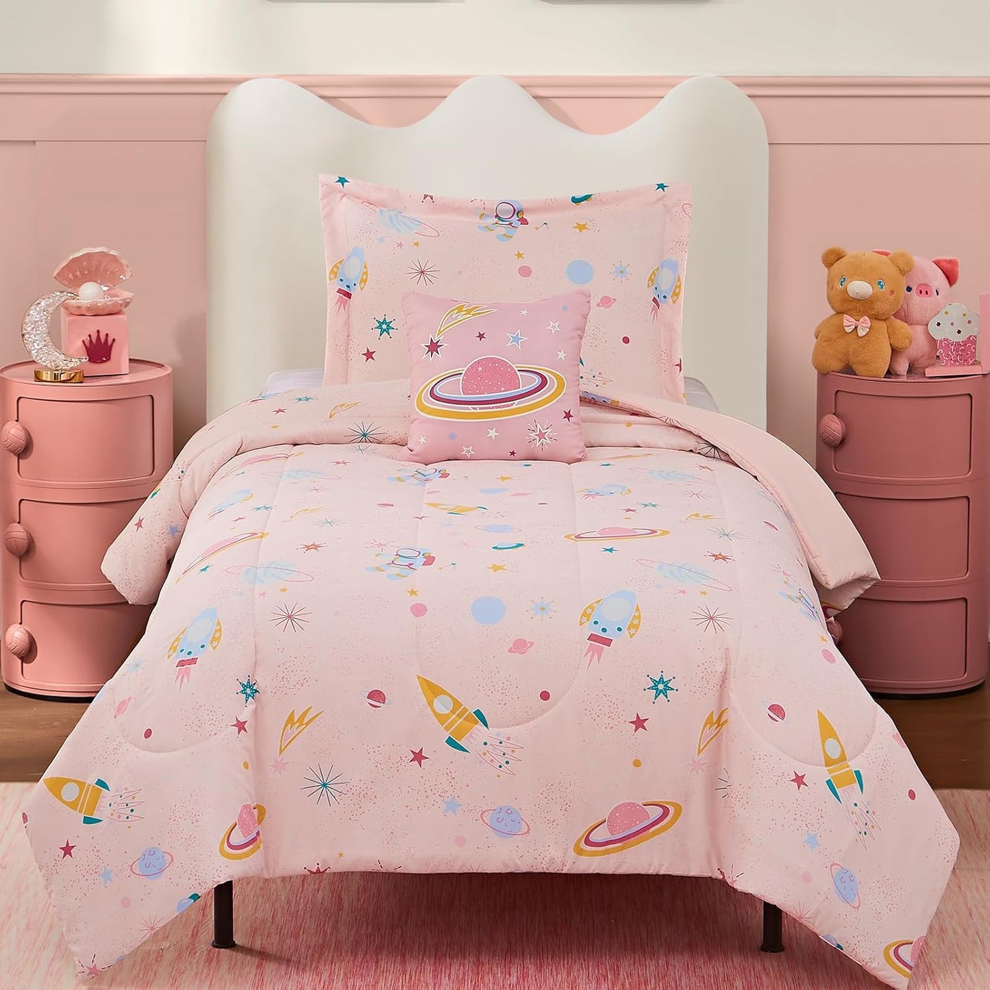 Twin Comforter Set for Girls-3 Pieces Space Glow in The Dark Twin Bedding Sets for Kids,1 Comforter,1 Sham and 1 Decor Pillow