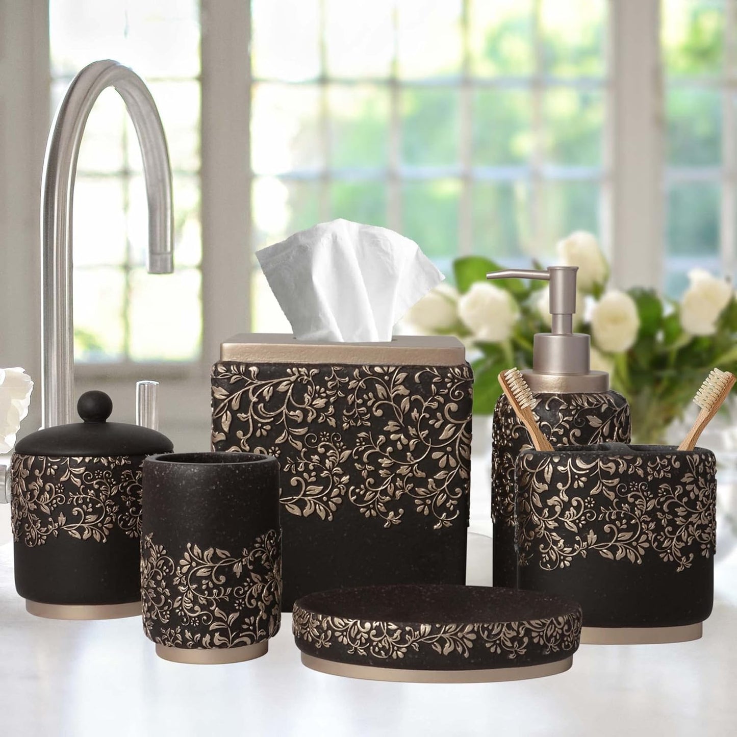 Decozen Bathroom Accessories Set 6Pcs – Soap Dispenser, Toothbrush Holder, Tumbler, Soap Dish & Cotton Swab Jar – Modern Bathroom Decor, Bath Set for Christmas Decor, Stella