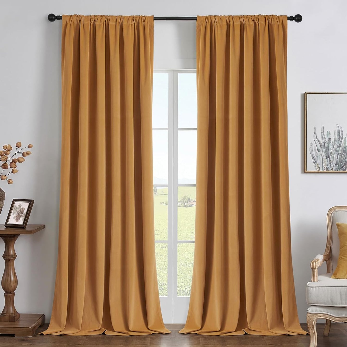 Joydeco Mustard Yellow 100% Blackout Curtains 108 Inch 2 Panels, Luxury Thermal Yellow Velvet Curtains for Bedroom Living Room, Soundproof Blackout Window Drapes, Rod Pocket & Back Tab (52W x 108L)