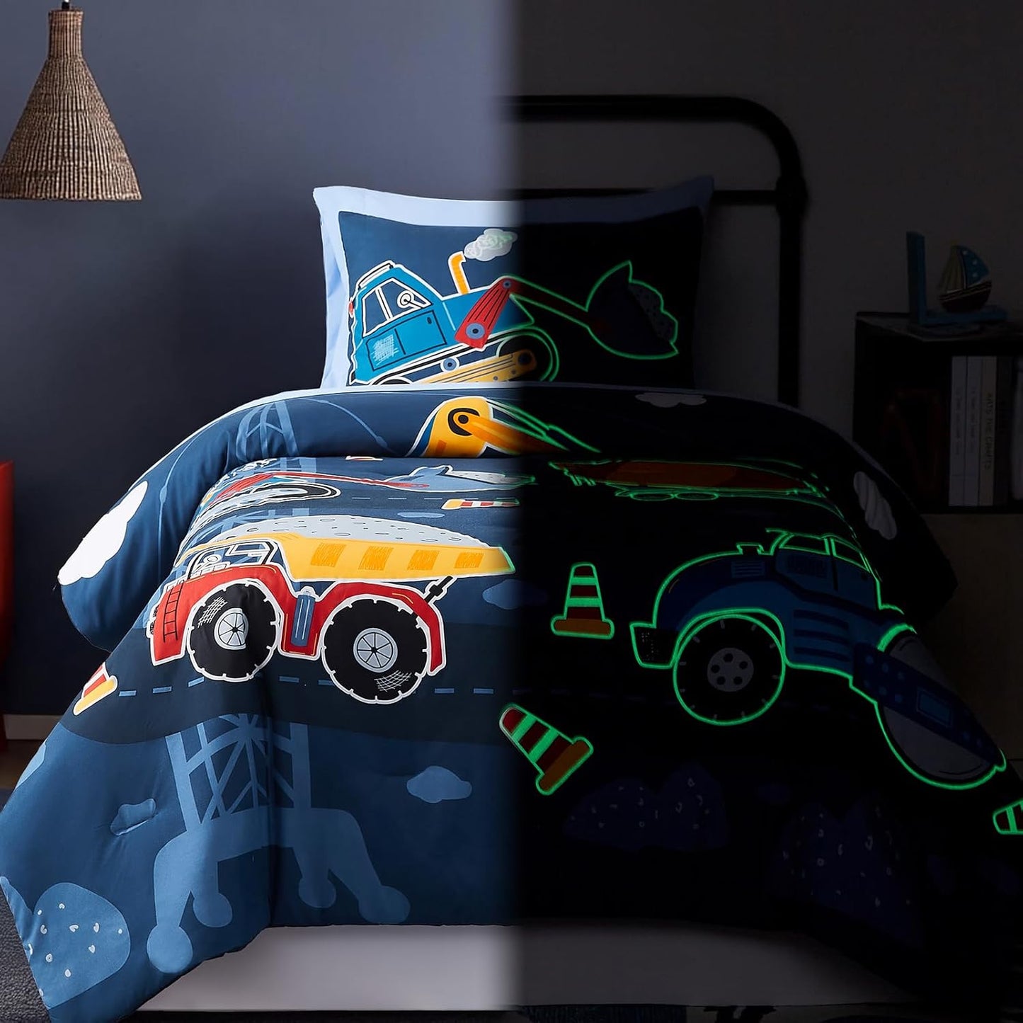 Twin Comforter Set for Boys-5 Pieces Truck Tractor Excavator Glow in The Dark Twin Bedding Sets for Kids, Ultra Soft Bed in A Bag with Sheets