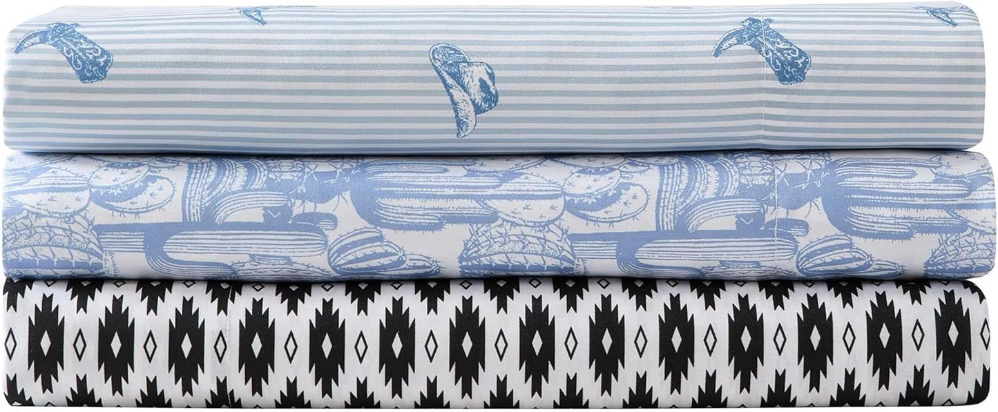 Wrangler - Queen Bed Sheets, Ultra-Soft & Lightweight Bedding with Matching Pillowcases, Lightweight Bed Set for All Season Comfort, Oeko-Tex Certified (Cactus Toile Blue)