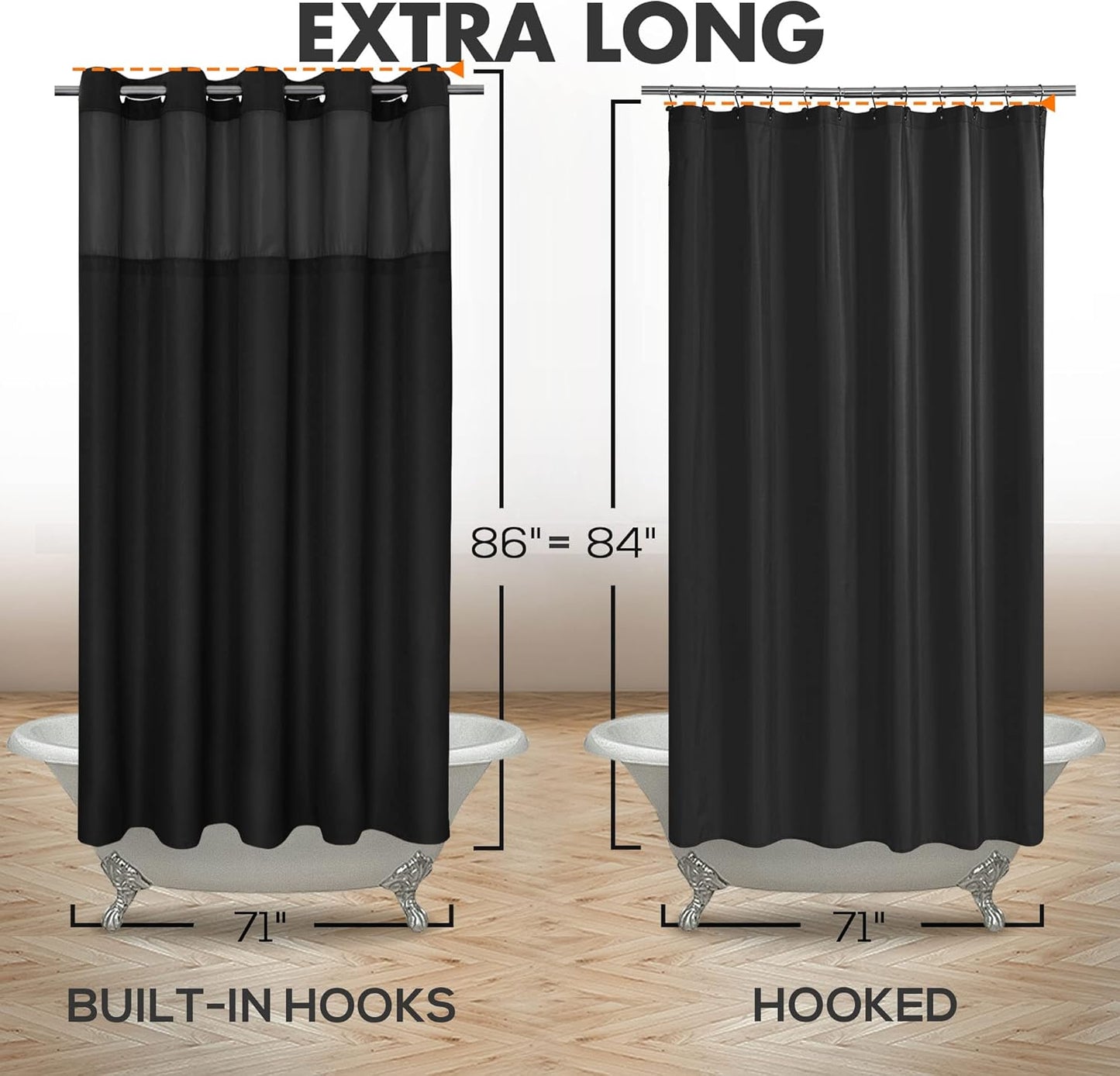 Extra Long No Hook Slub Textured Shower Curtain with Snap-in PEVA Liner Set - 71" x 86"(84"), Hotel Style with See Through Top Window, Black Fabric Curtain & Waterproof Liner, Black, 71x86