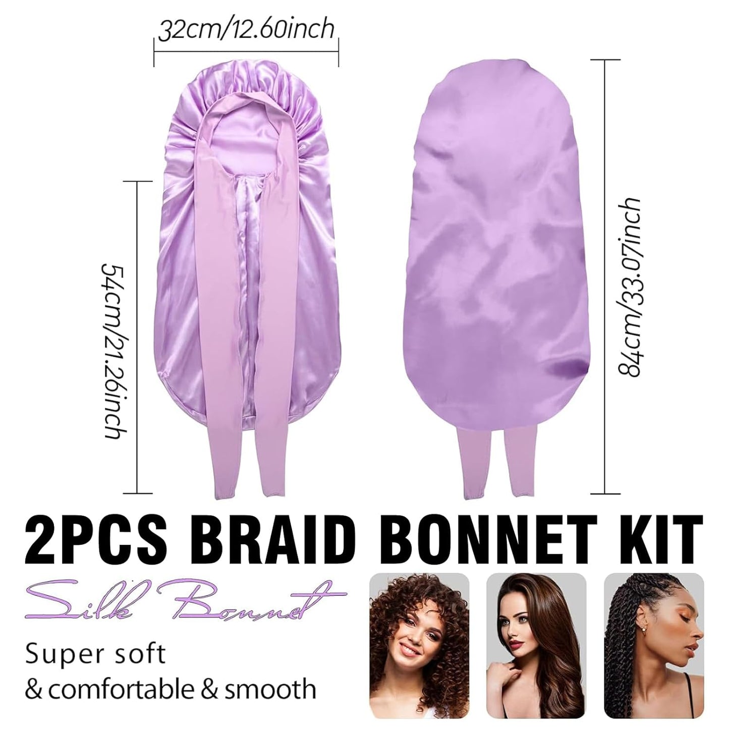 2Pcs Bonnets for Black Women Braid Bonnet, Large Long Satin Bonnet for Braids, Silk Bonnet with Stretchy Tie Band Sleep Cap Hair (2Pcs-Black&Purple)