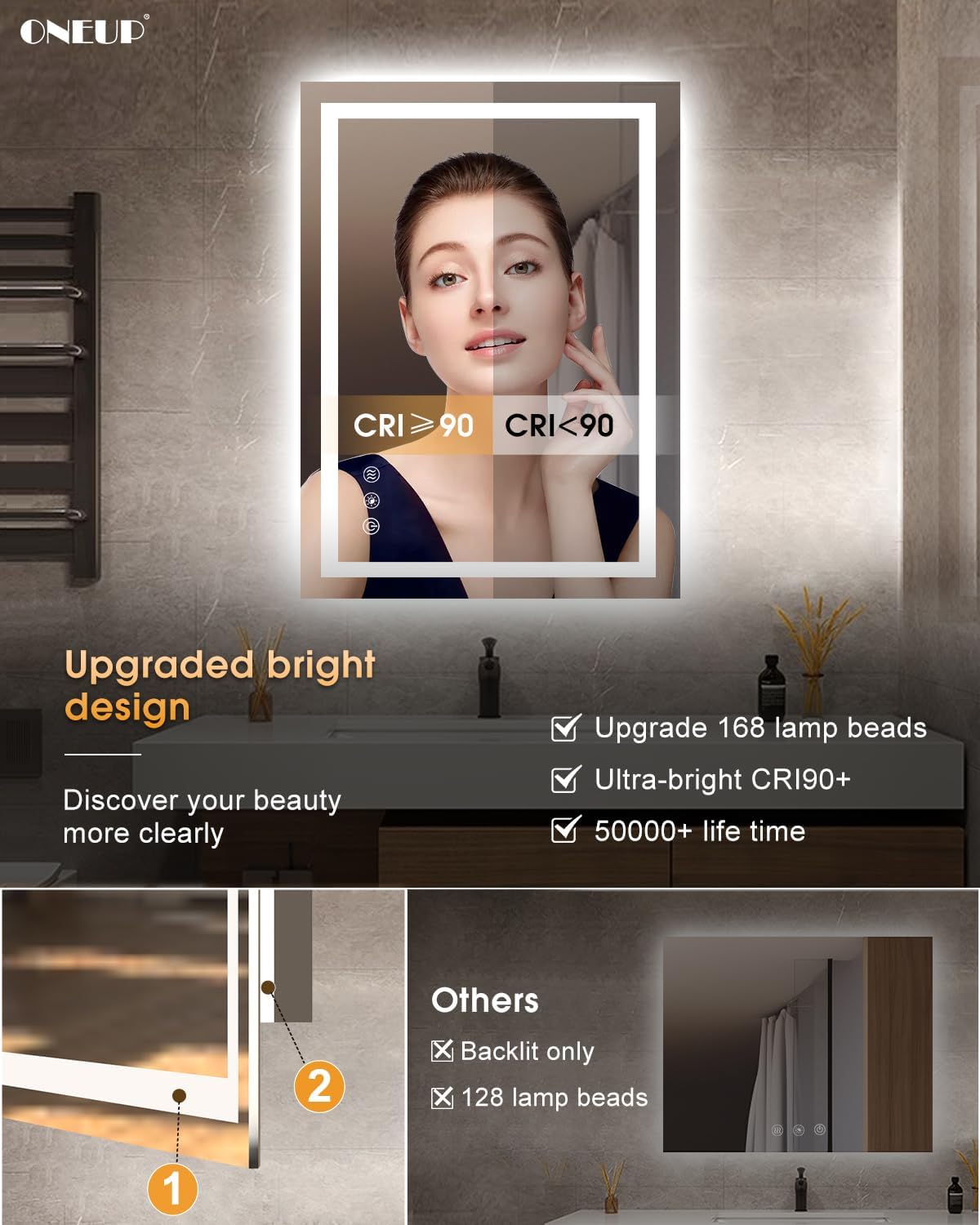 oneup 24x32'' LED Bathroom Mirror,Lighted Bathroom Mirror with Lights,Dimmable 3 Colors Temperature,Anti-Fog,Modern Vanity Mirrors for Wall,Touch Screen,Memory, Shatterproof