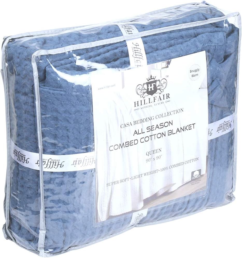HILLFAIR 100% Combed Cotton Blanket– Queen Size Bed Blankets– Warm Soft All Season Breathable Lightweight Summer Blankets– Waffle Weave Home Decor Bed Blanket- Blue Queen Bed Cotton Blankets/Bedcovers