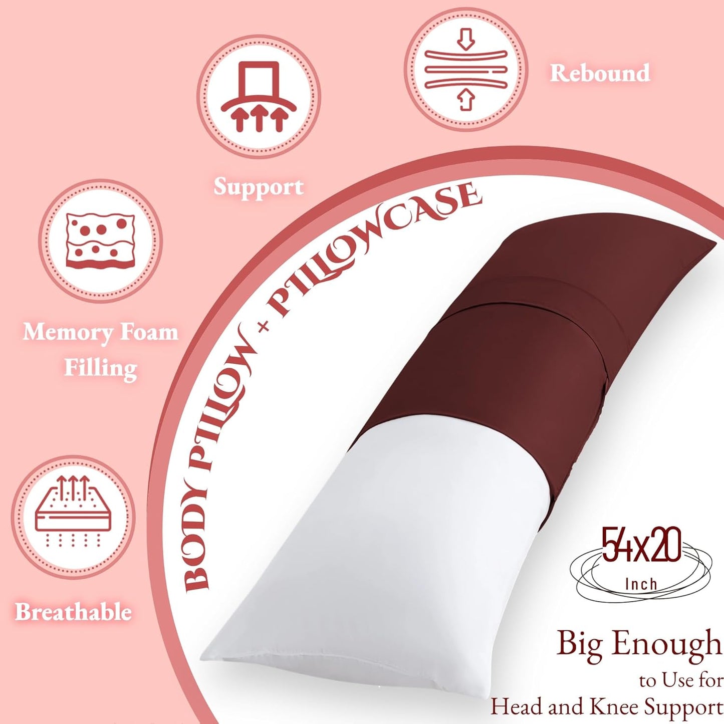 Ubauba Memory Foam Body Pillow with Cover, Full Large Body Pillows Insert for Adults with Envelope Closure Pillowcase, Firm & Fluffy Long Bed Pillows for Sleeping (20x54 inch, Red)