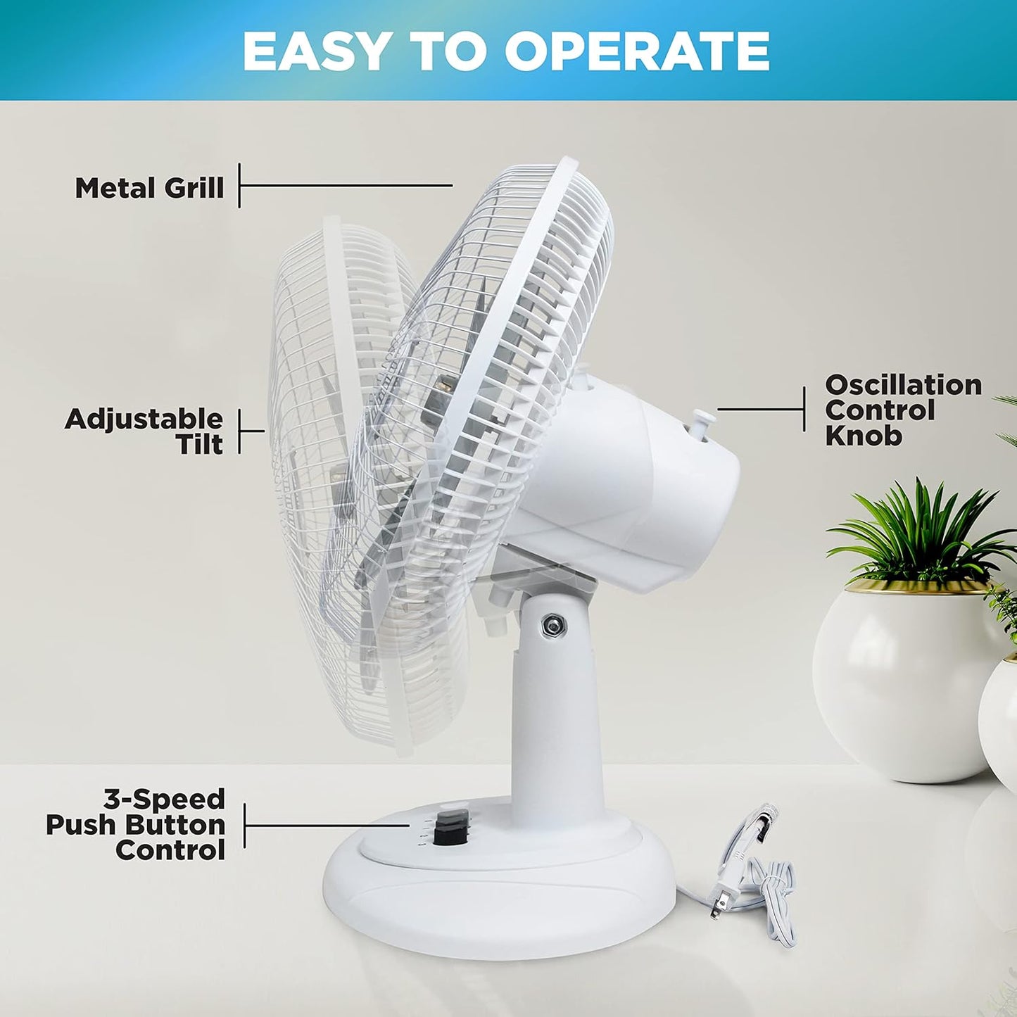 Comfort Zone 12 inch Table Fan with Adjustable Tilt, Wide Area Oscillation, Quiet Air Circulator Fan For Bedroom, 3 Speed Desktop Fan for Home Office, Push Button Controls, White