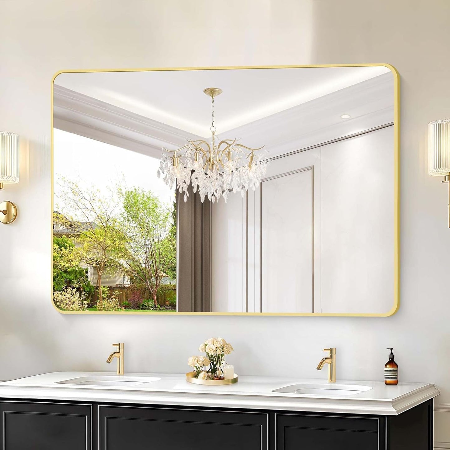 55"x36" Gold Bathroom Mirror, Large Rectangle Mirror, Rectangular Wall Mirror, Rounded Corner Vanity Mirror with Aluminum Metal Frame for Bathroom Bedroom Living Room Horizontal/Vertical