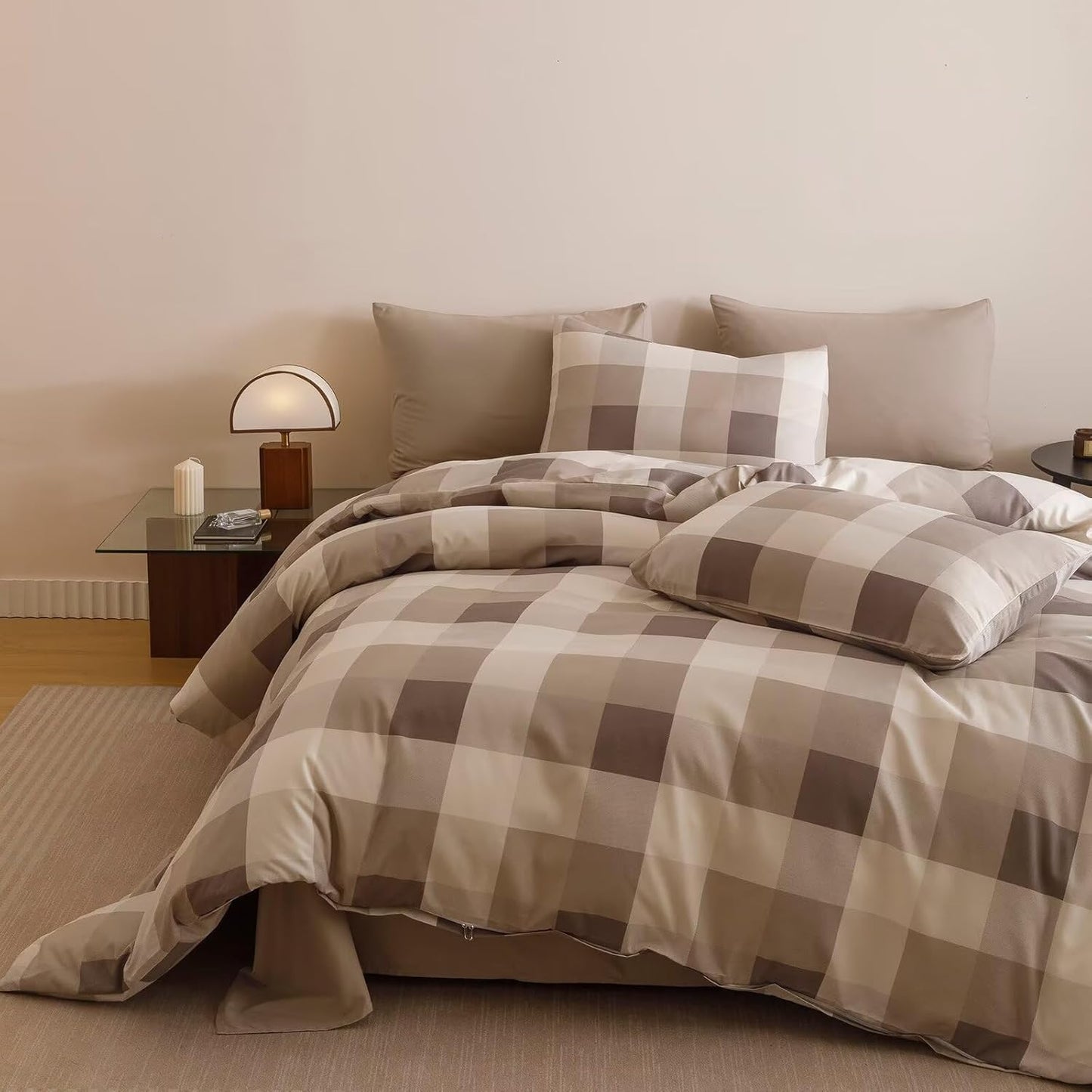 Cottonight Checkered Khaki Comforter Set Twin Gingham Grid Bedding Set Khaki and Cream Coffee Grid Comforter Fluffy Soft Bedding Set Kids Teens Twin Comforter with 2 Pillowcases