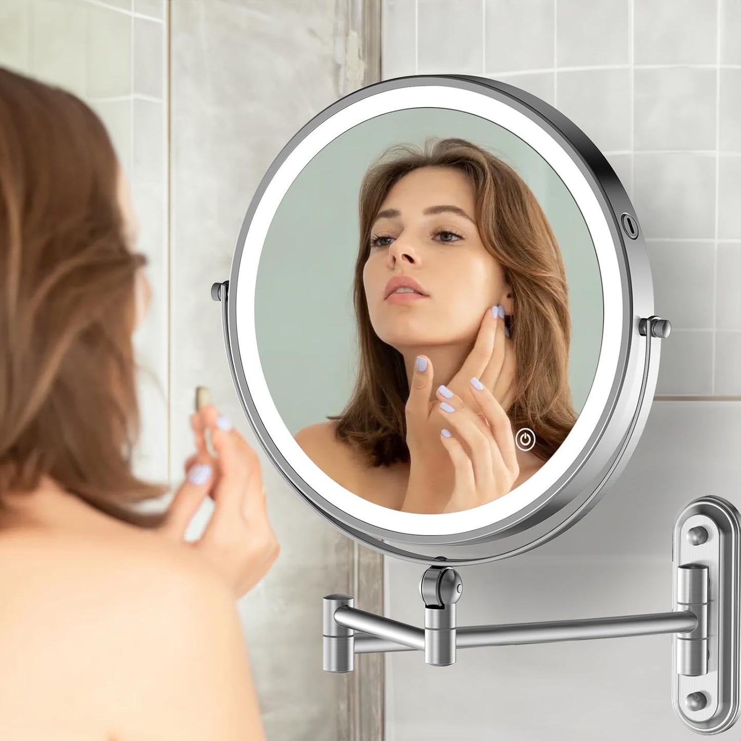 9" Wall Mounted Makeup Lighted Mirror, 4000mAh Rechargeable Double Sided LED Vanity Mirror with Height Adjustable&1X/10X Magnification, 3 Color Lights Touch Screen Dimmable 360°Swivel Bathroom Mirror