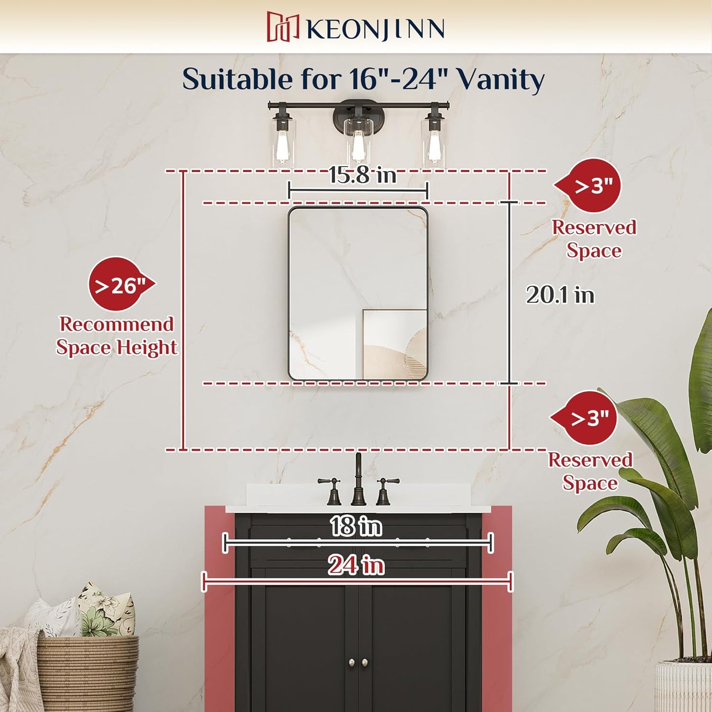 Keonjinn Black Bathroom Mirror for Over Sink, 16 x 20 Inch Rounded Rectangle Bathroom Vanity Mirror, Matte Black Farmhouse Mirror for Wall, HD Tempered Glass, Seamless Aluminum Alloy Frame Mirror