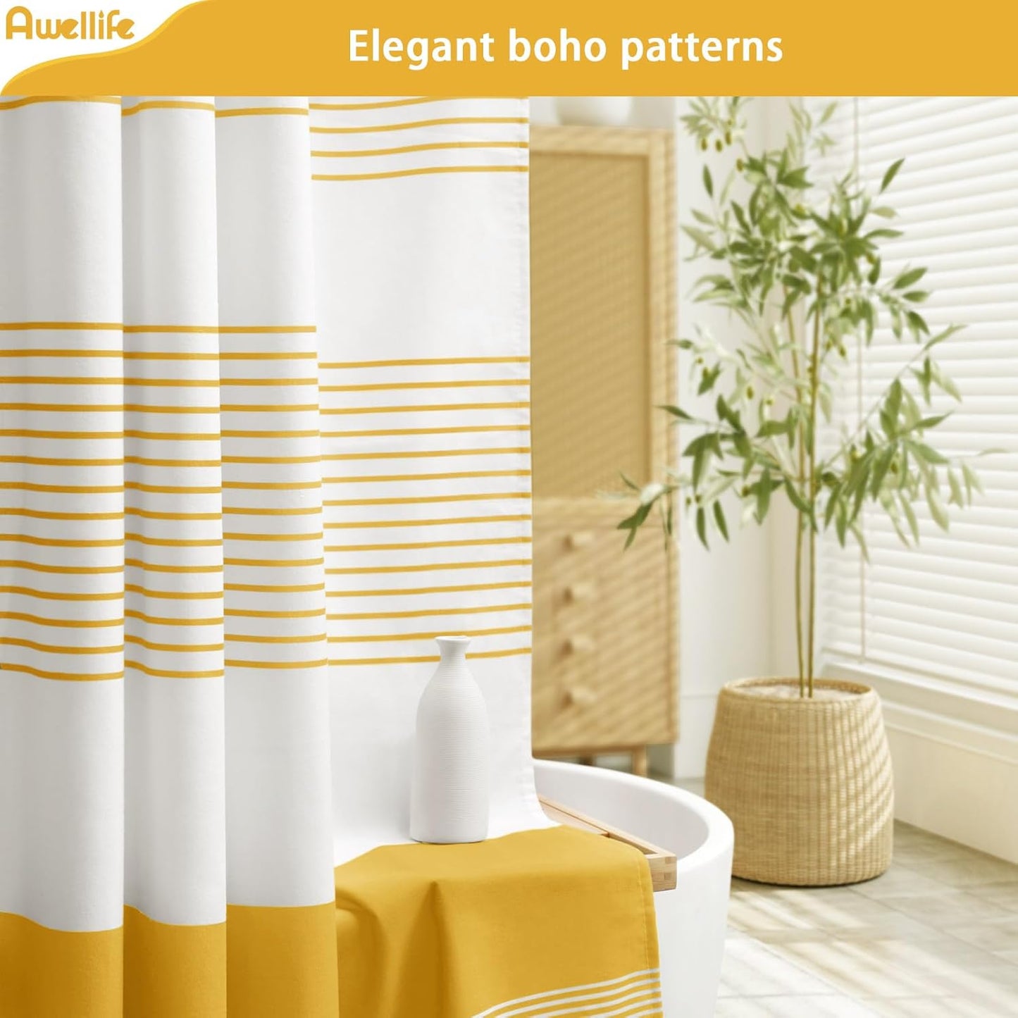 Awellife Boho Yellow Shower Curtain for Bathroom Stripe Tassel Shower Curtain 72 X 72 Inches Farmhouse Cotton