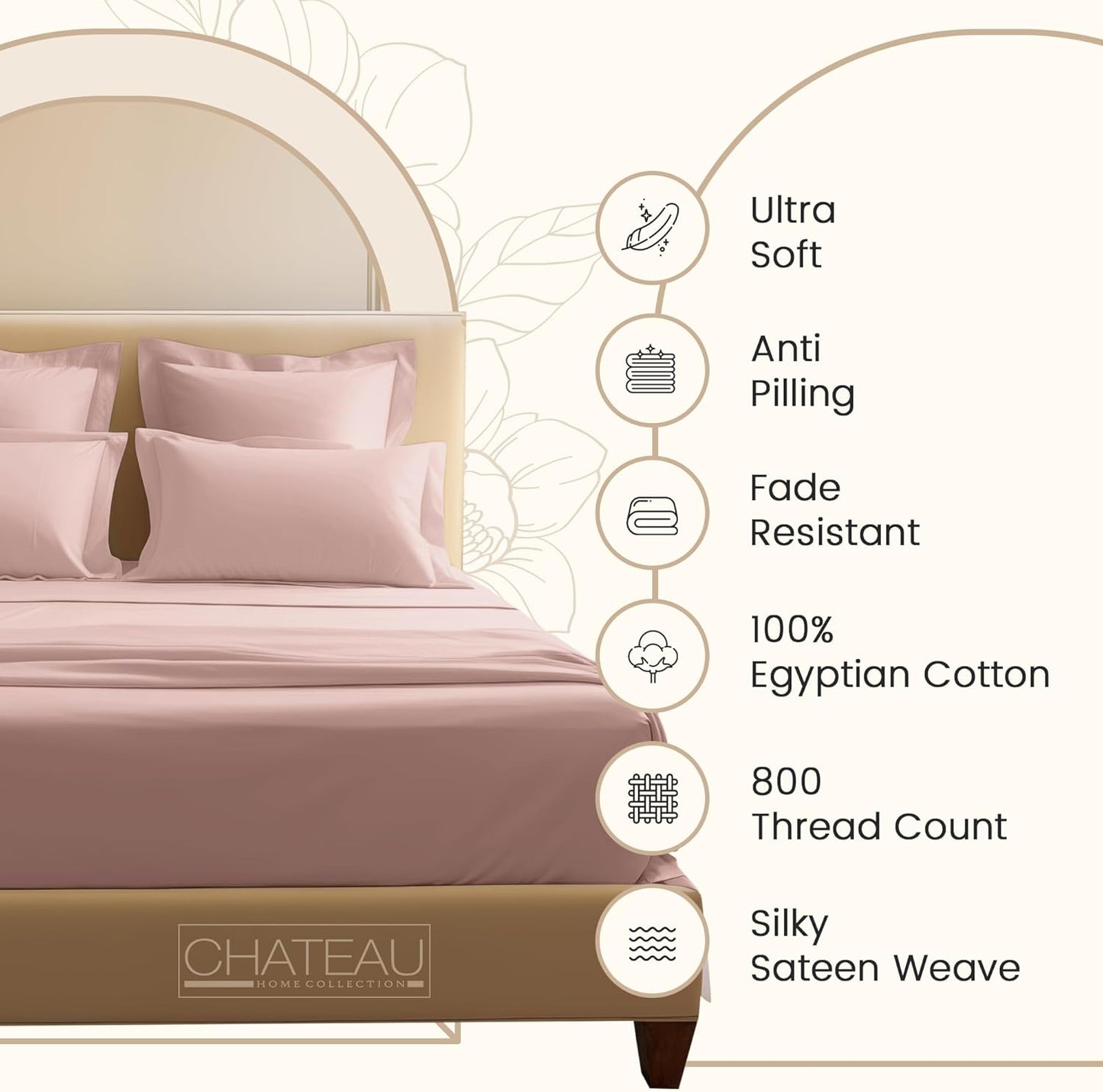 100% Cotton Bed Sheets Queen Size Bed Set, 800 TC 15" Deep Pocket Queen Sheet Set, Soft Breathable Sateen Weave Egyptian Cotton Sheets No Pill & Shrink, Machine Washable Pink Sheet- Sepia Rose