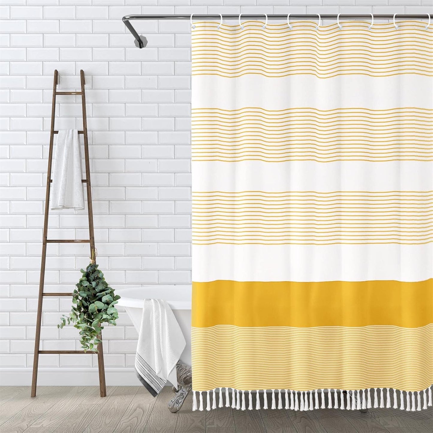 Awellife Boho Yellow Shower Curtain for Bathroom Farmhouse Cotton Stripe Tassel Shower Curtain Natural Texture 72" L x 36" W