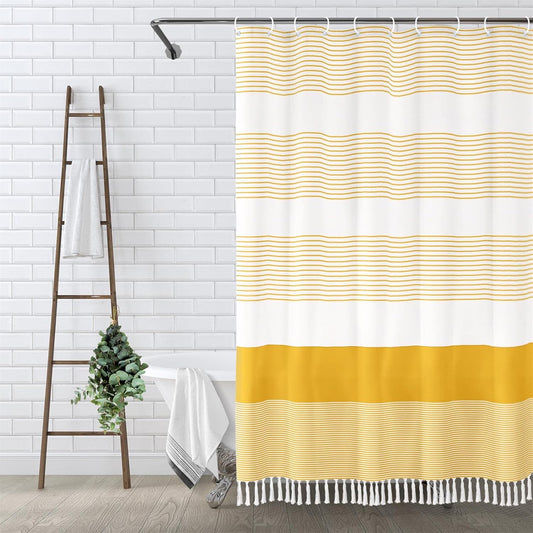 Awellife Boho Yellow Shower Curtain for Bathroom Farmhouse Cotton Stripe Tassel Shower Curtain Natural Texture 72" L x 36" W