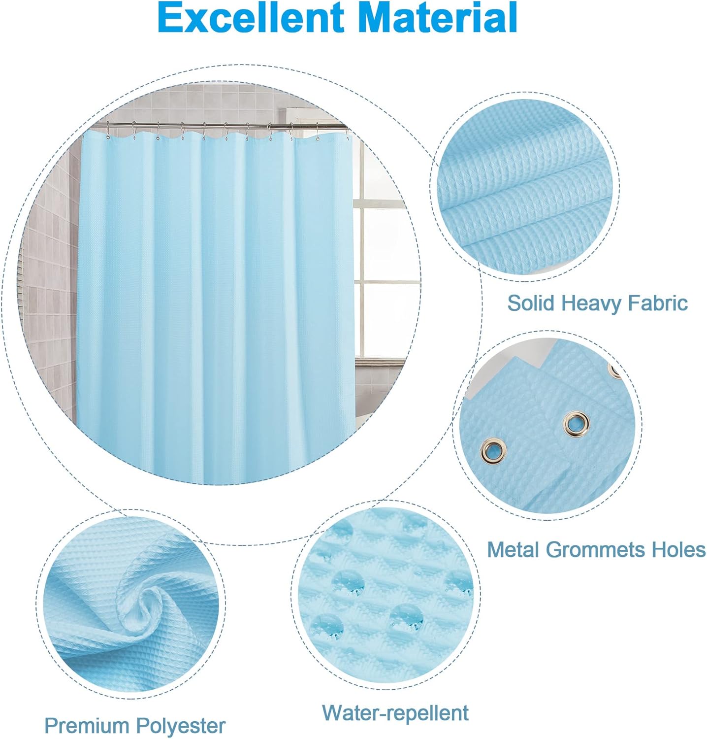 AmazerBath Baby Blue Shower Curtain Fabric, Waffle Shower Curtain Polyester, Heavy Duty 240GSM, Hotel Quality Bathroom Shower Curtains, 72 x 72 Inches