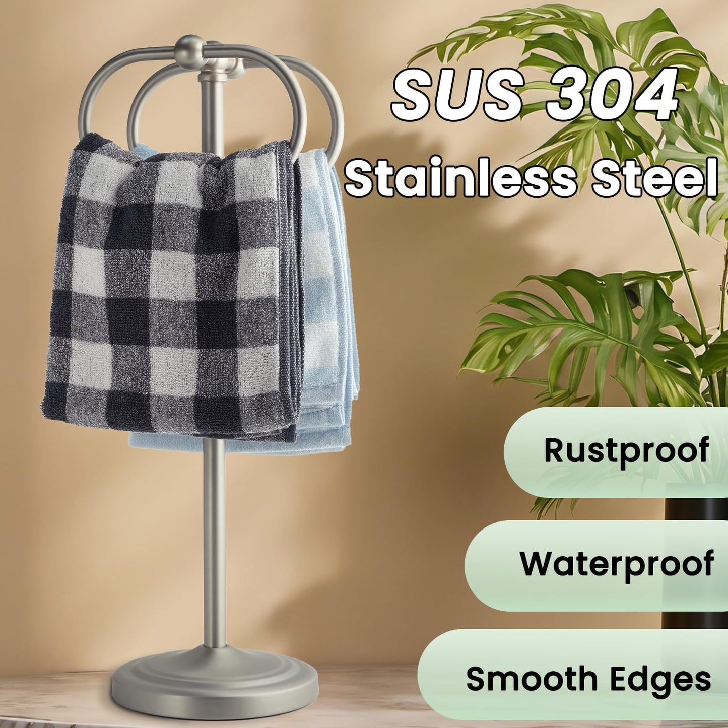 17 Inch Stainless Steel Hand Towel Holder Double Stand Hand Towel Ring for Washcloths or dishcloths Non-Slip Base Free Standing Towel Rack for Bathroom Kitchen (Brushed)