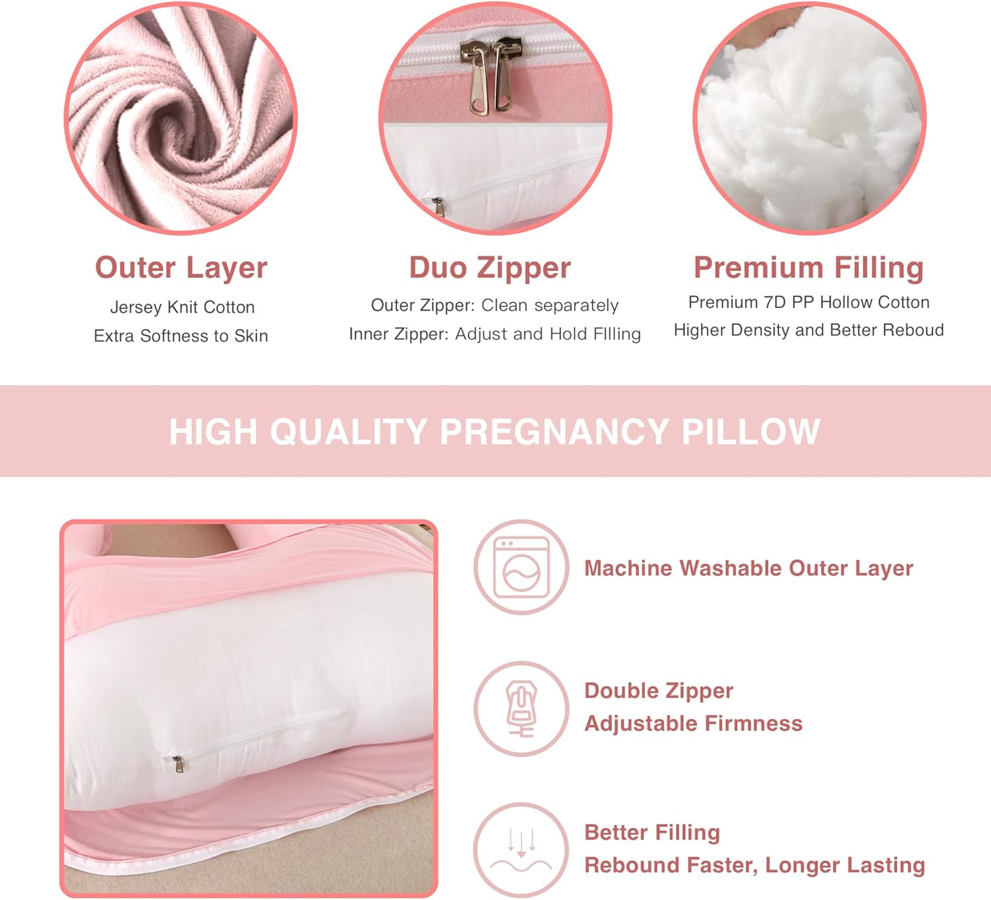 ALLOPERA Pregnancy Pillow, Full Body Maternity Pillow 57 inch, with Removable Washable Cover - Sleep Support for Legs, Back, Neck, Shoulder, HIPS, Belly for Pregnent Women, Jersey Knit Cotton (Pink)