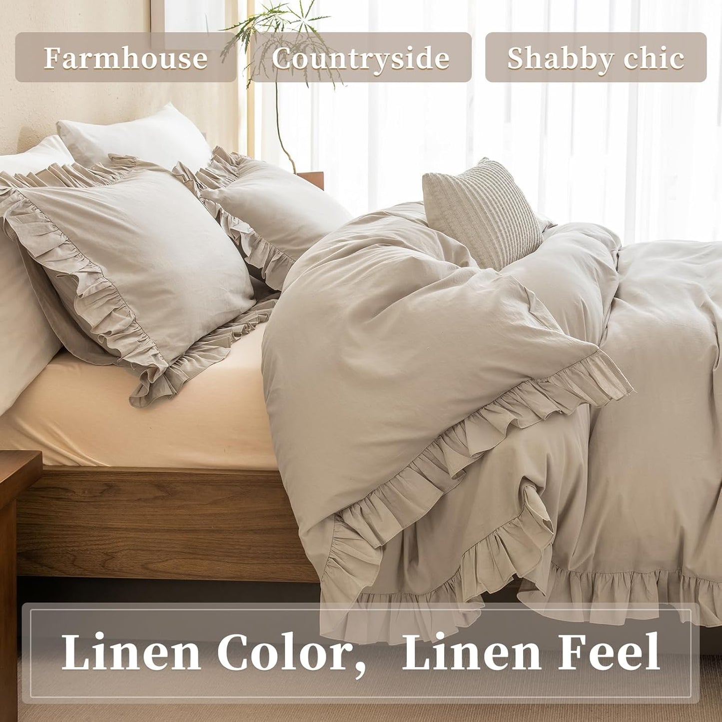QSH Washed Cotton Queen Duvet Cover Set Ruffle Duvet Cover Linen Textured Farmhouse Shabby Vintage Chic Bedding Comforter Cover 3 PCs Aesthetic French Country Queen Bed Set