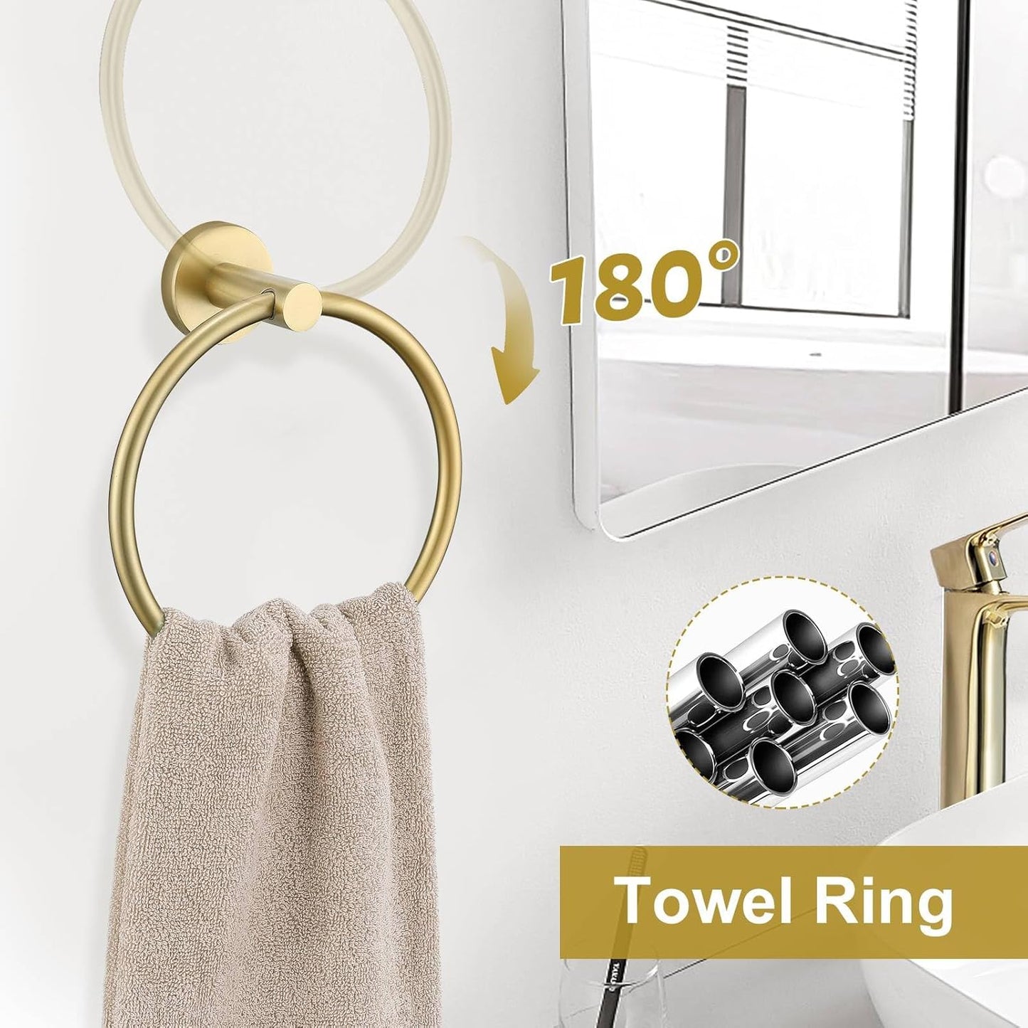 5 Pieces Brushed Gold Towel Bar Set, Upgraded Round Bathroom Hardware Accessories Set, Toilet Paper Holder Towel Holder Set for Bathroom Stainless Steel Wall Mounted 23.6Inch