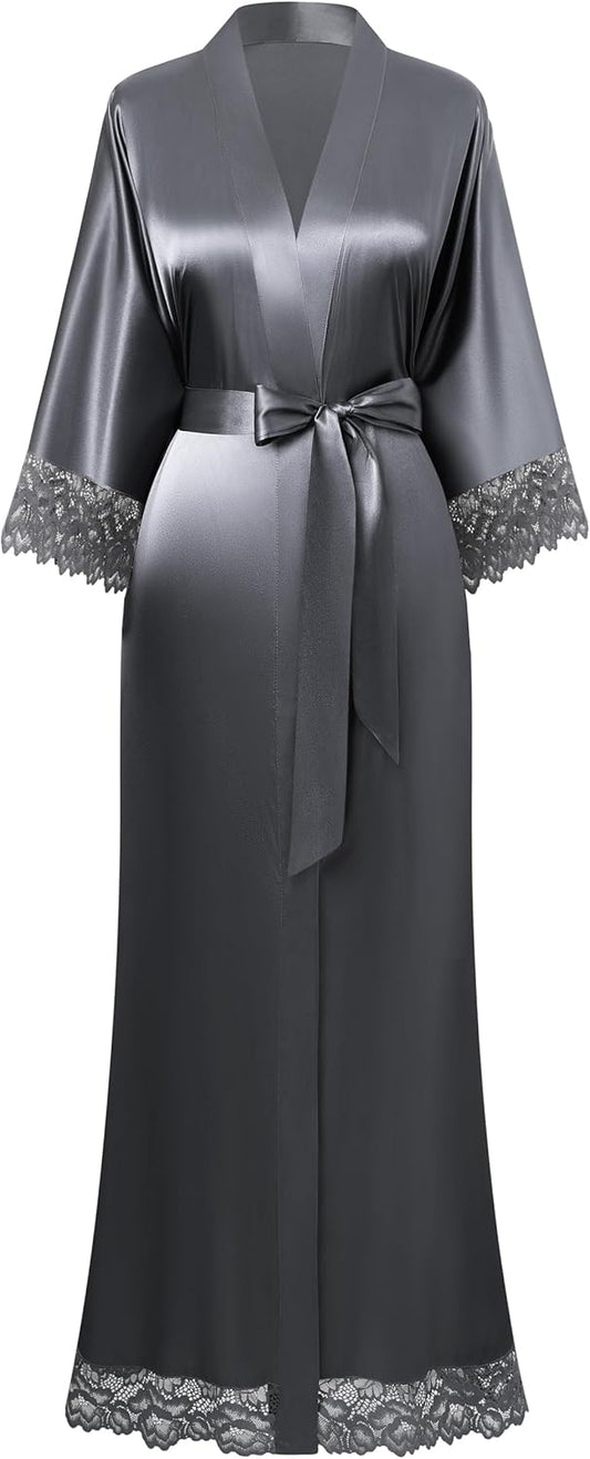 BABEYOND Satin Kimono Robe Silky Long Bridesmaid Wedding Lightweight Bath Robe with Lace Trim