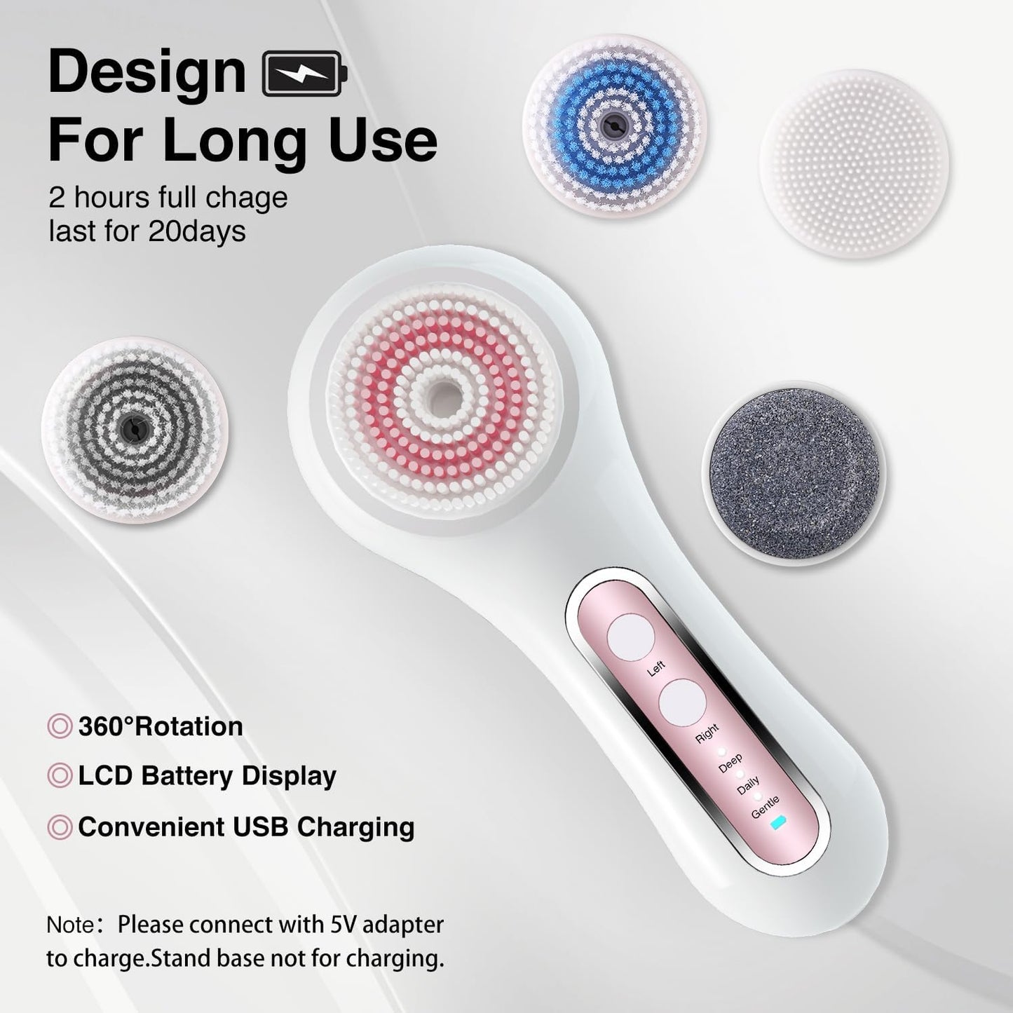 Face Scrubber Exfoliator, Rechargeable Facial Cleansing Brush with 2-Way Rotation & 3 Modes, 30-Day Runtime, 5 Brush Heads for SPA-Level Care, IPX7 Waterproof, Deep Cleaning for All Skin Types