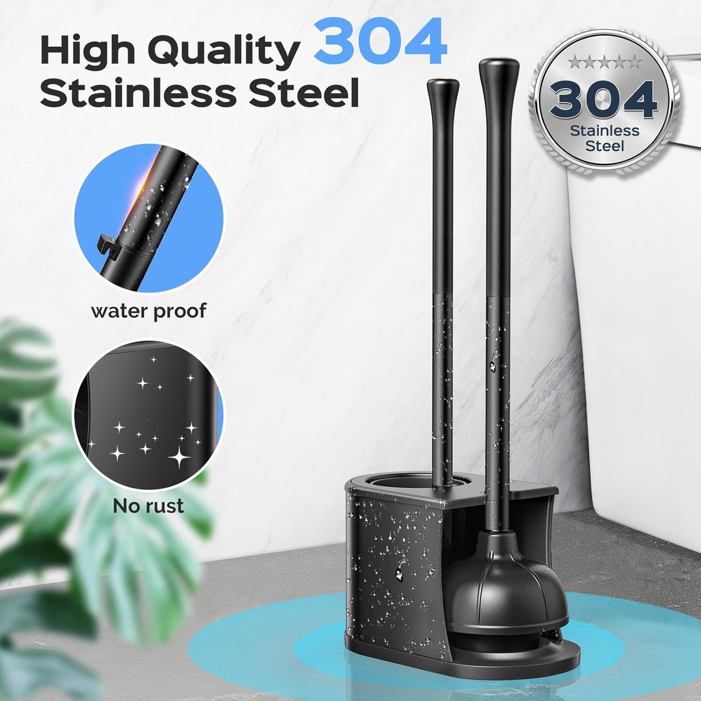 HAMITOR Toilet Plunger and Brush Set: 2 in 1 Stainless Steel Combo with Curved Bristles - Heavy Duty Toilet Unclogging for Family Bathroom - Compact Hideaway Apartment Cleaning Accessories - Black