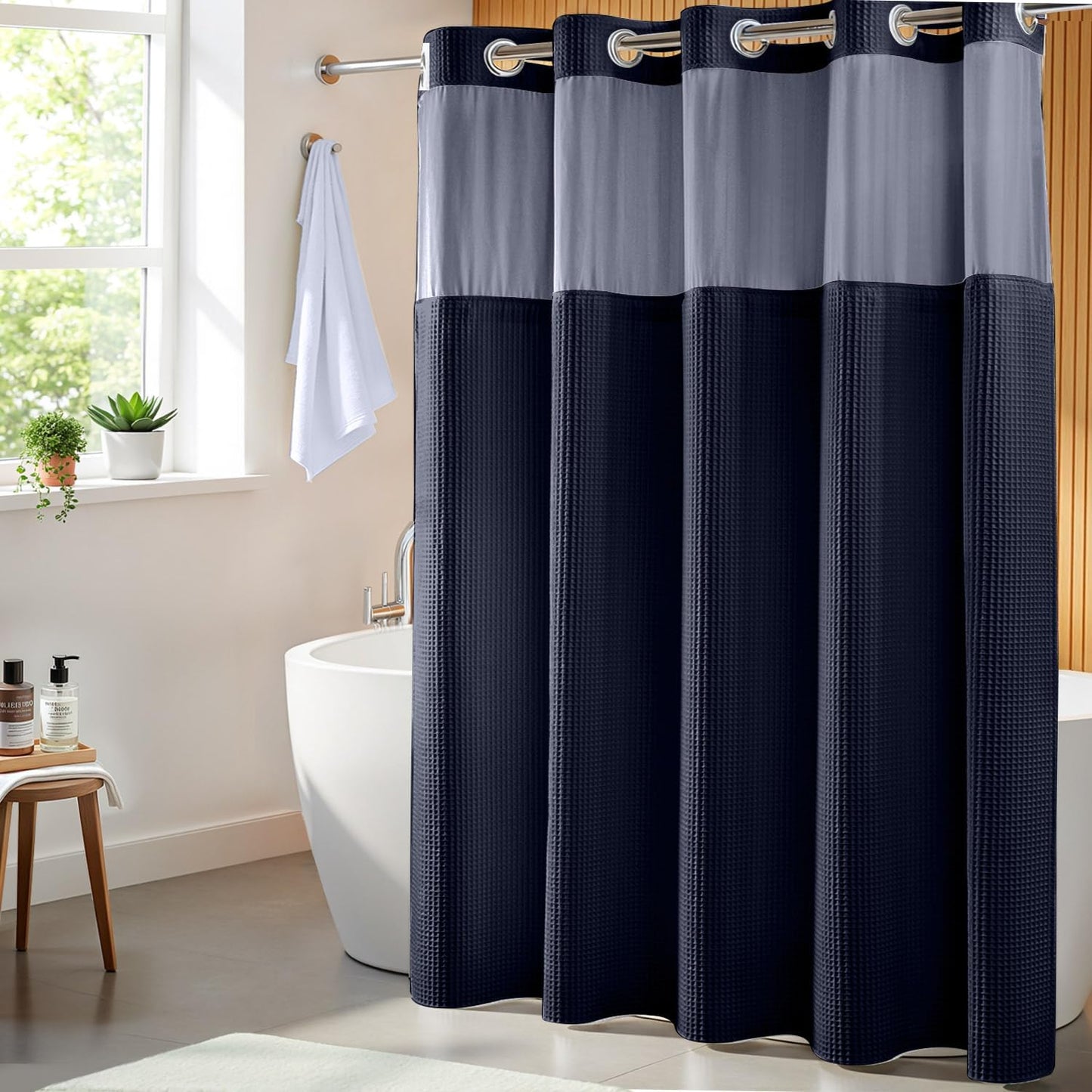 River Dream Navy Blue Fabric Shower Curtain Set, Cotton Blend, Waffle Weave, with Snap in Replacement Liner，71 x 74 inches